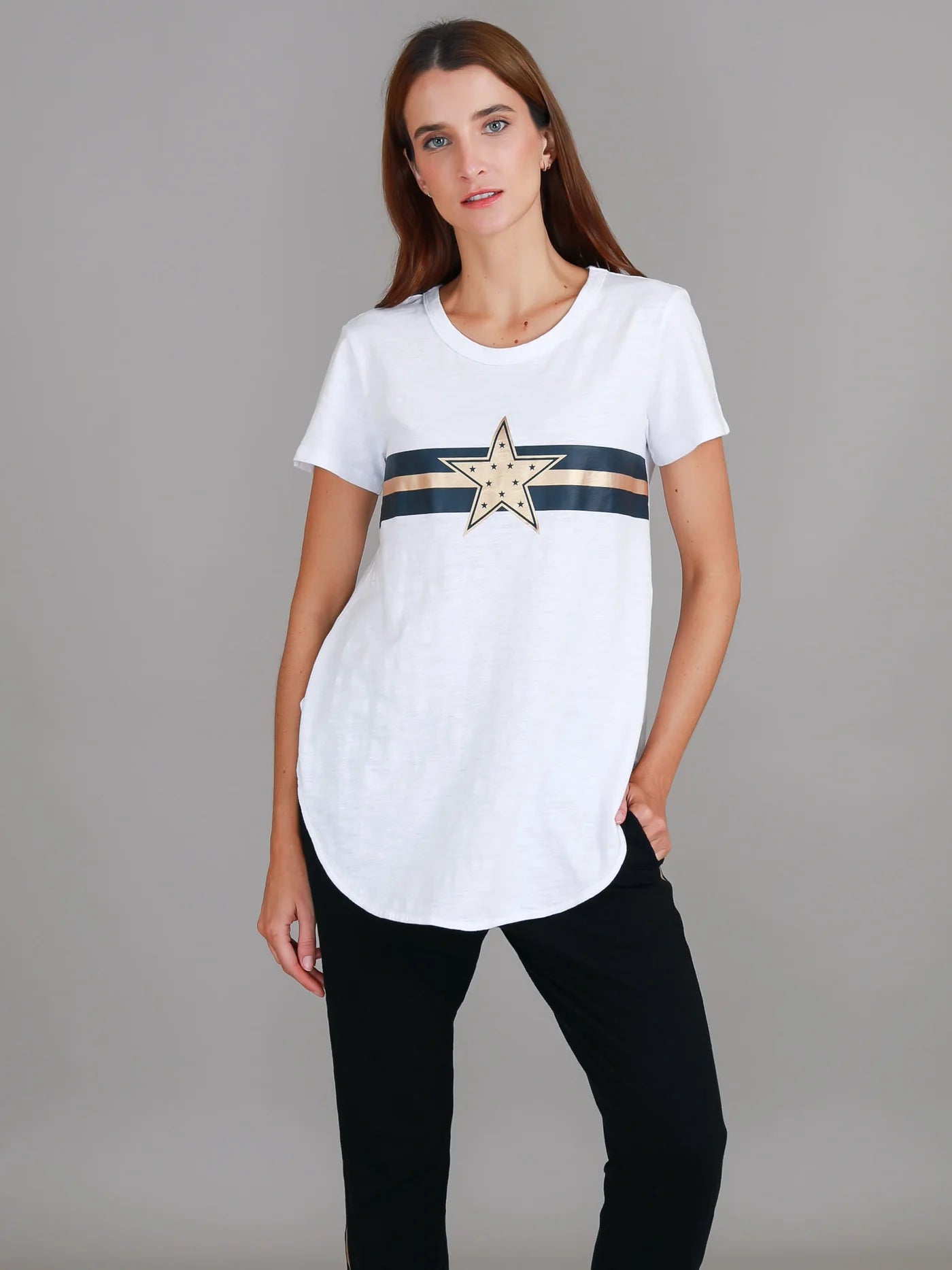 Collection of 3rd Story Jill Gold Star with Stripes T Shirt - White in a gallery layout