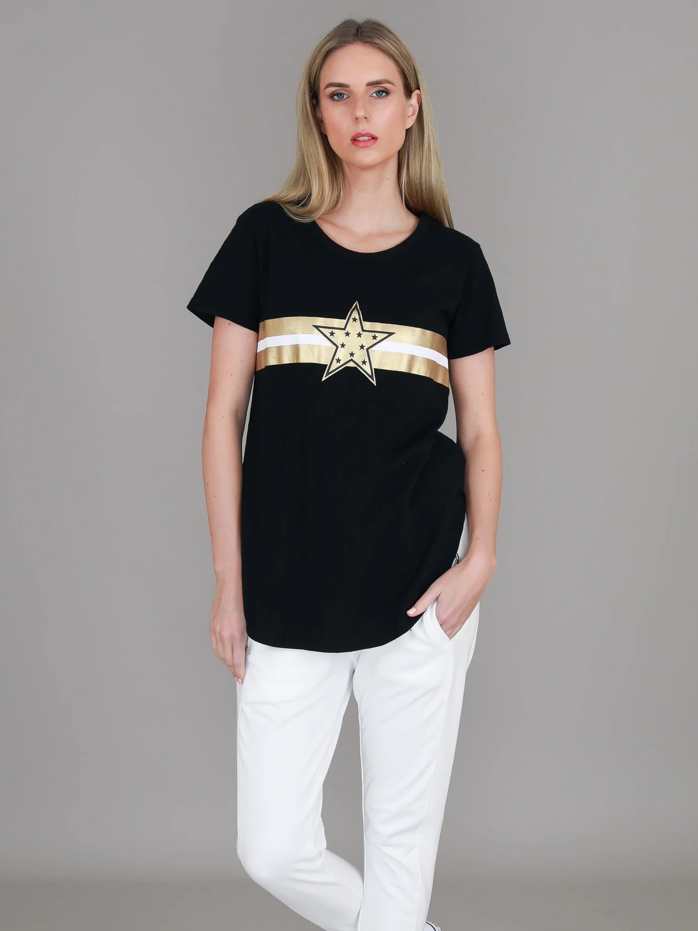 Collection of 3rd Story Jill Gold Star with Stripes T Shirt - Black/Gold in a gallery layout