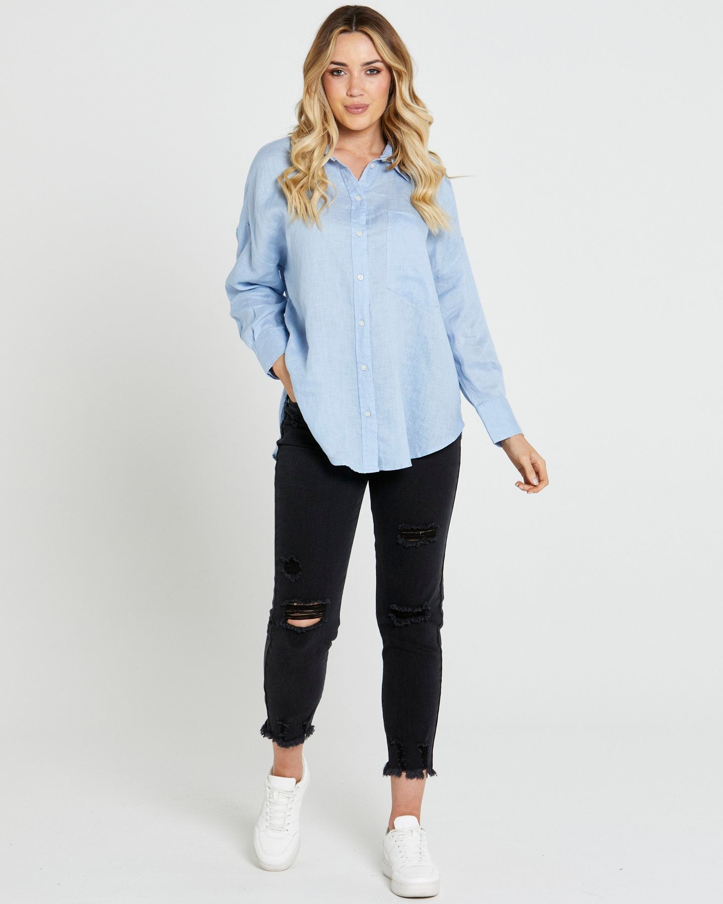 Collection of 16824TWSS_TERESA-LINEN-OVERSIZED-BUTTON-DOWN-SHIRT_POWDER-BLUE_5 in a gallery layout