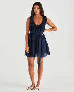 Collection of Sass Belen Ruffled Neck zmini Dress - Navy in a gallery layout