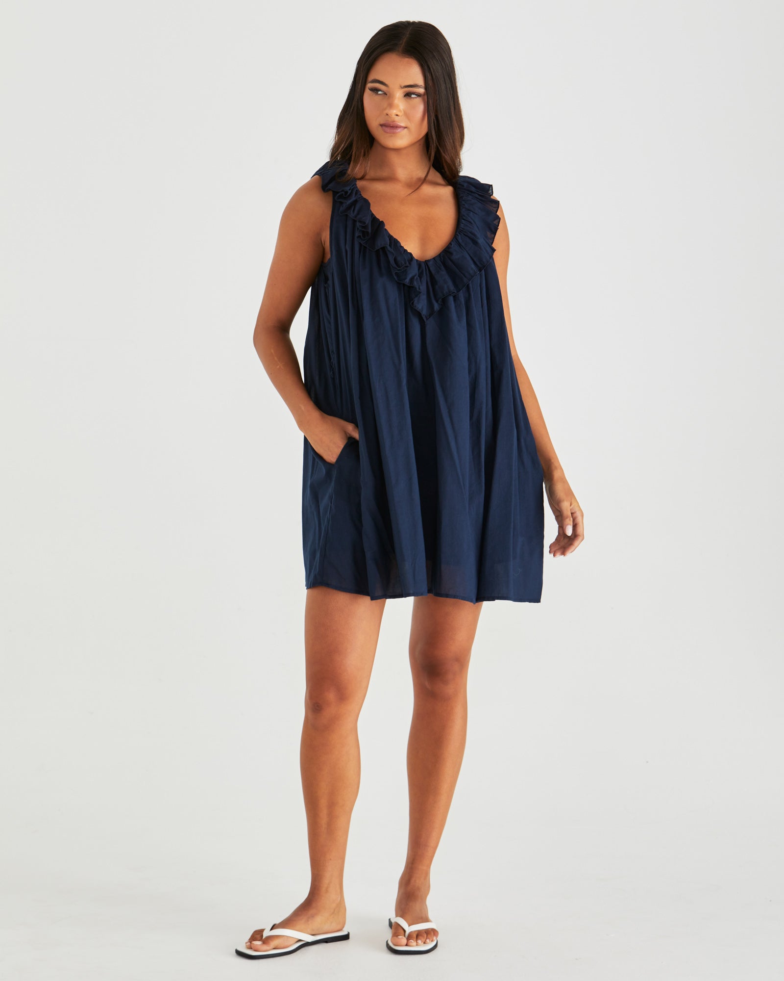 Collection of Sass Belen Ruffled Neck zmini Dress - Navy in a gallery layout