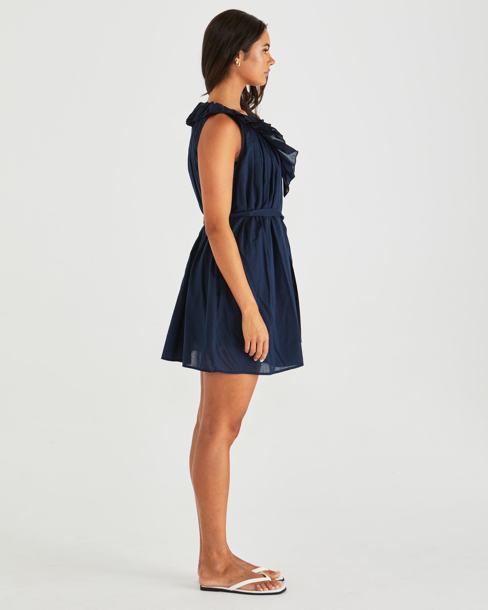 Collection of Sass Belen Ruffled Neck zmini Dress - Navy in a gallery layout