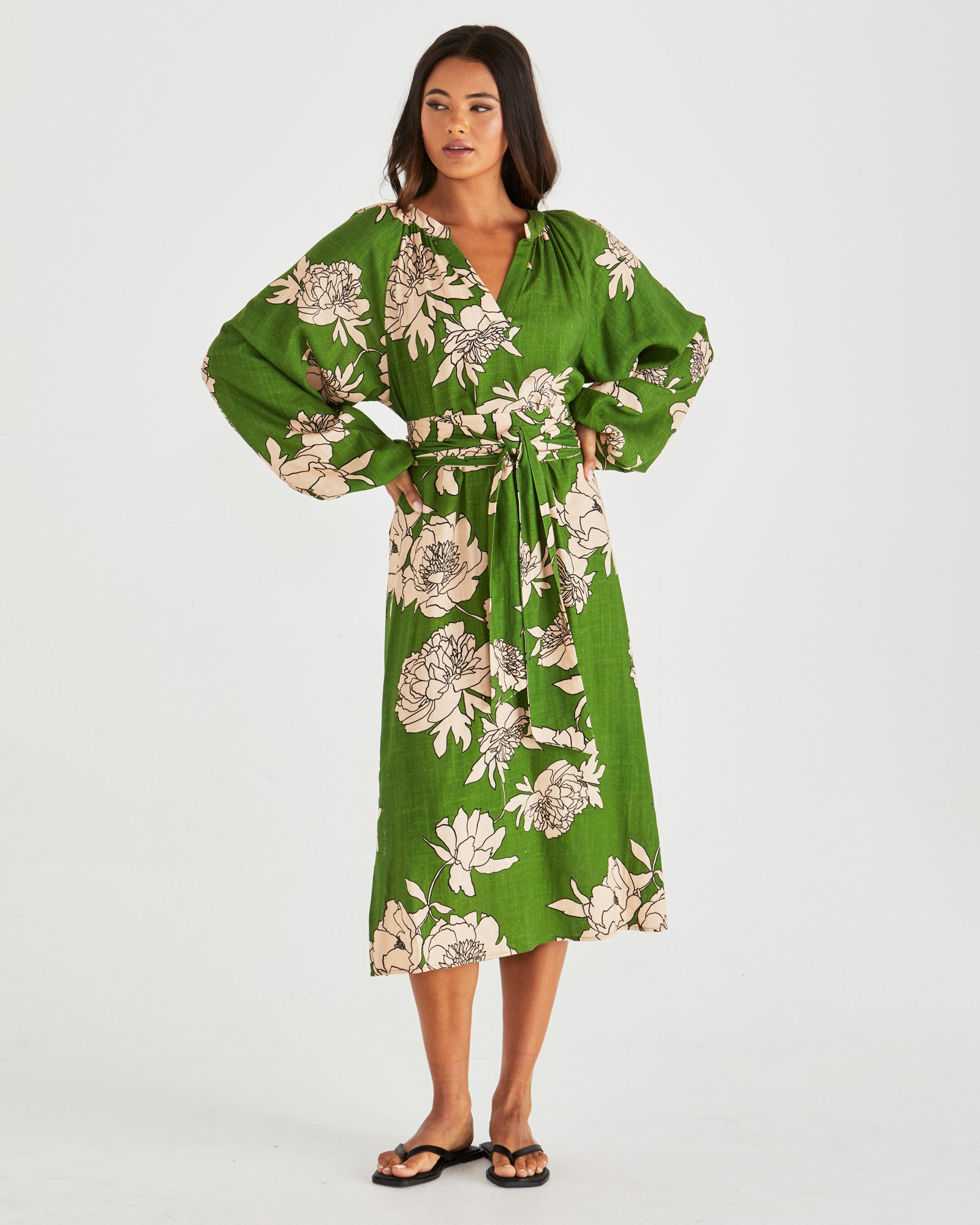 Collection of Sass Antonie Obi Belt Dress - Moonflower Green in a gallery layout