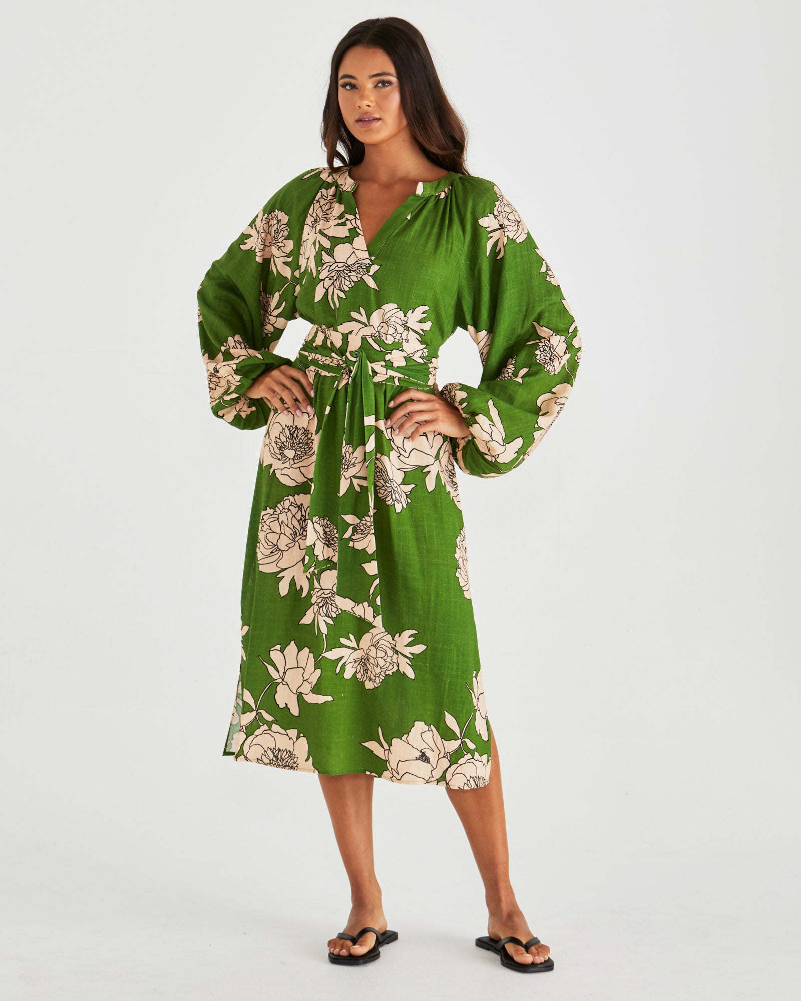 Collection of Sass Antonie Obi Belt Dress - Moonflower Green in a gallery layout