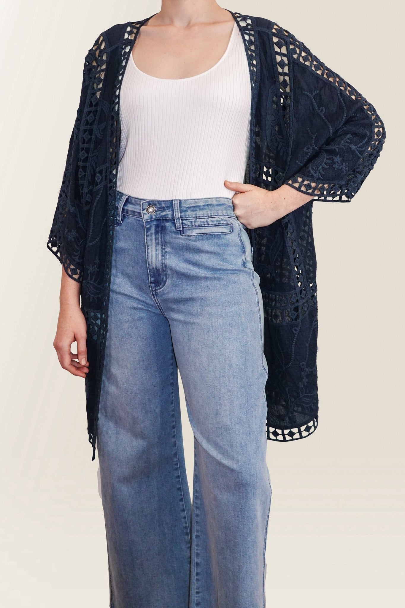 Collection of Isle Of Mine Oline Lace Kimono - Navy in a gallery layout