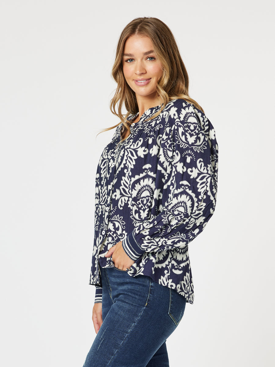 Collection of Threadz Emily Print Top - Navy White in a gallery layout