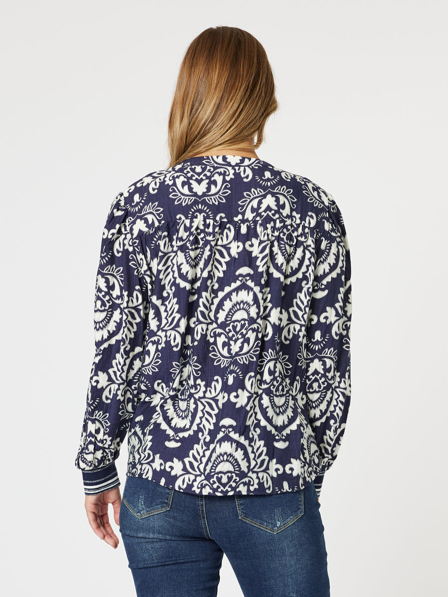 Collection of Threadz Emily Print Top - Navy White in a gallery layout