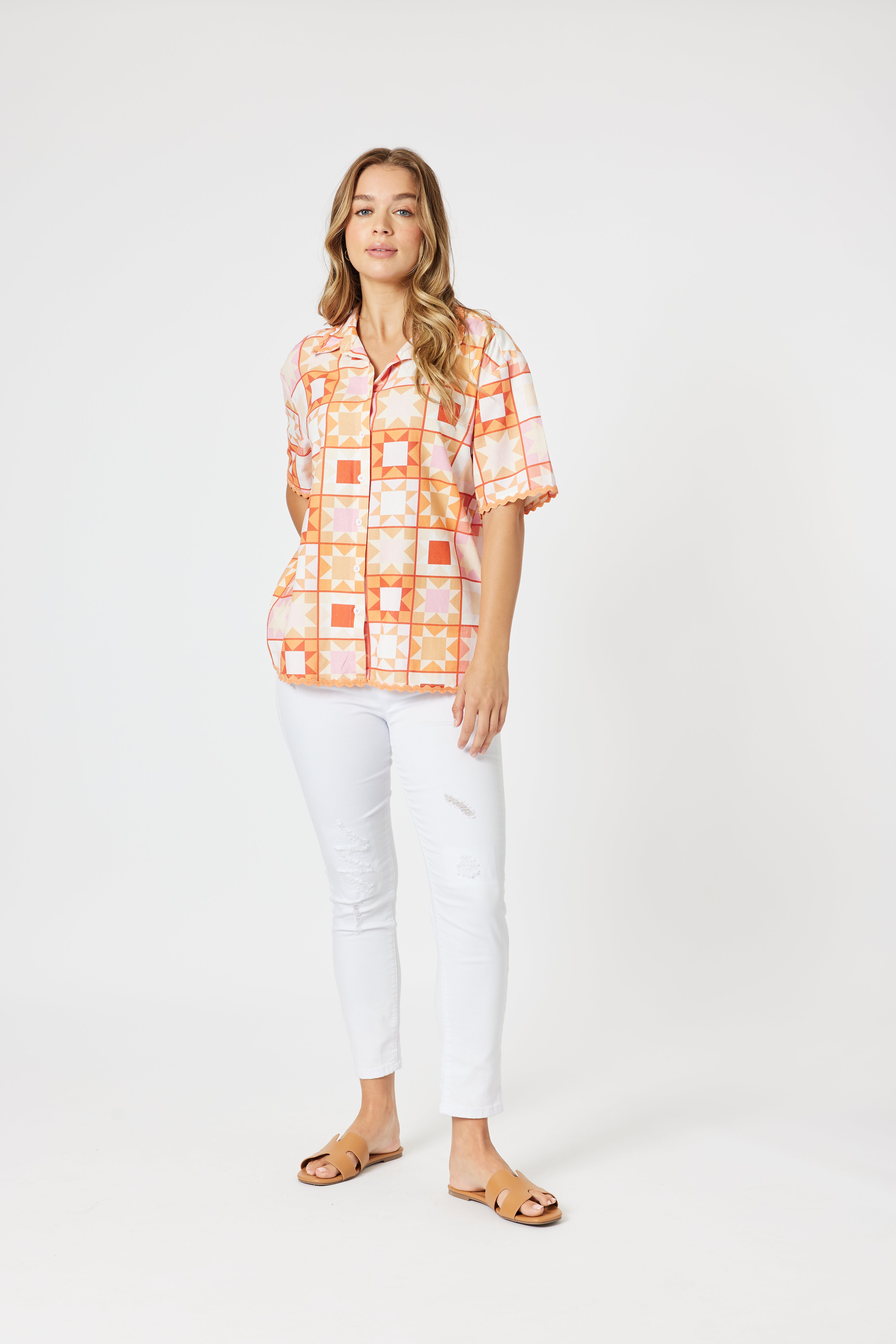 Collection of Threadz Corfu Print Shirt - Mango Multi in a gallery layout