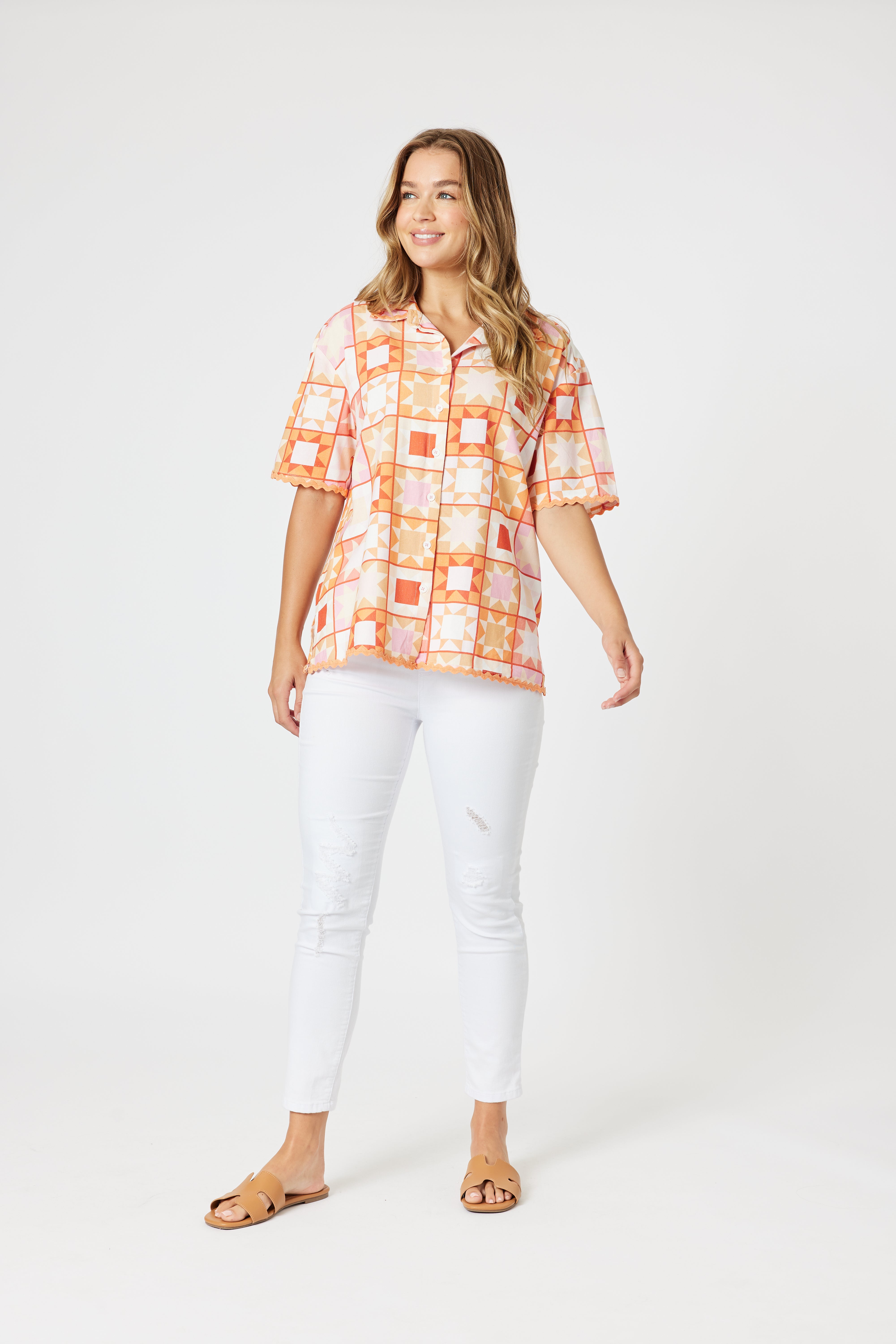 Collection of Threadz Corfu Print Shirt - Mango Multi in a gallery layout