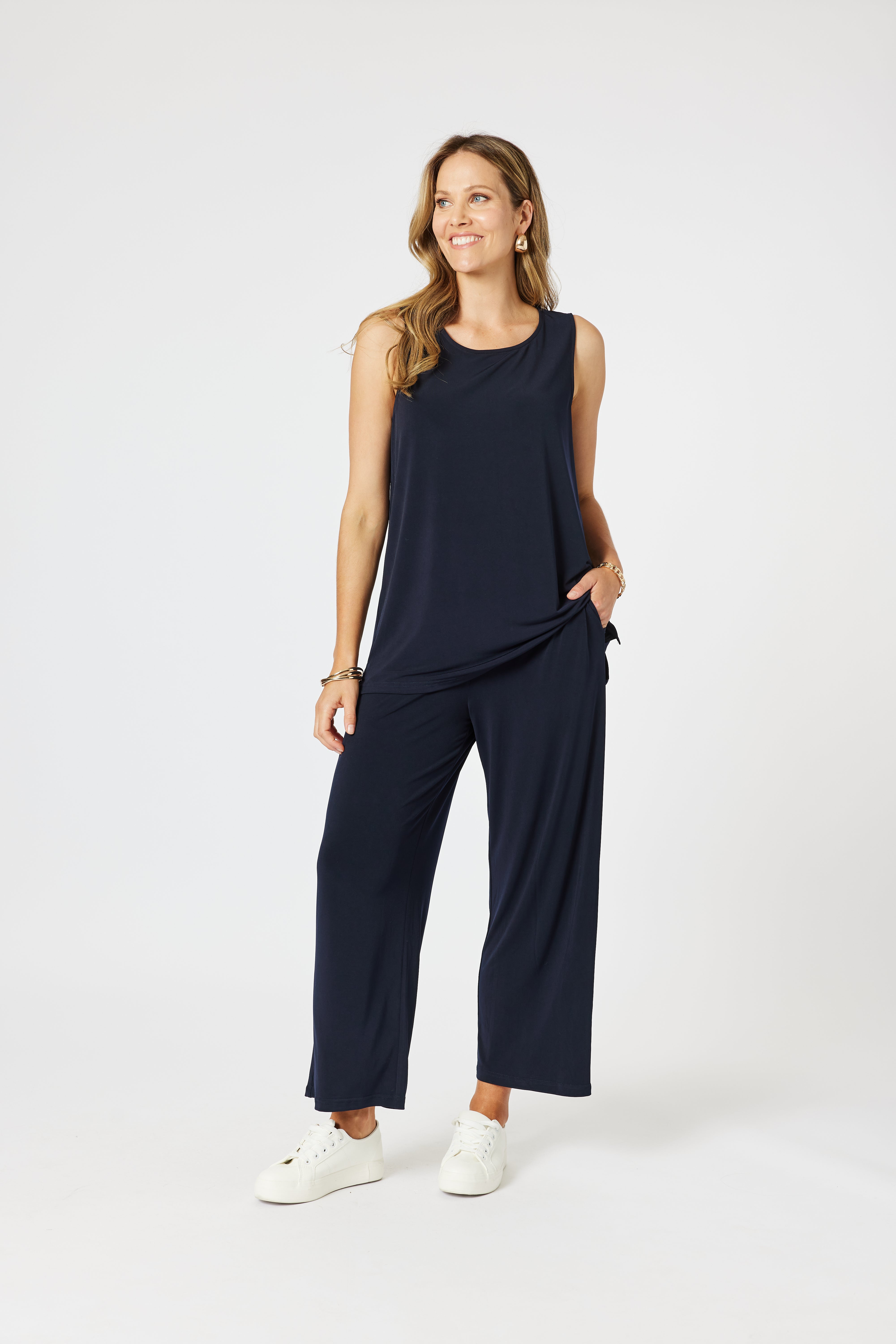 Collection of Clarity Travel Jersey Wide Leg Pant - Navy in a gallery layout