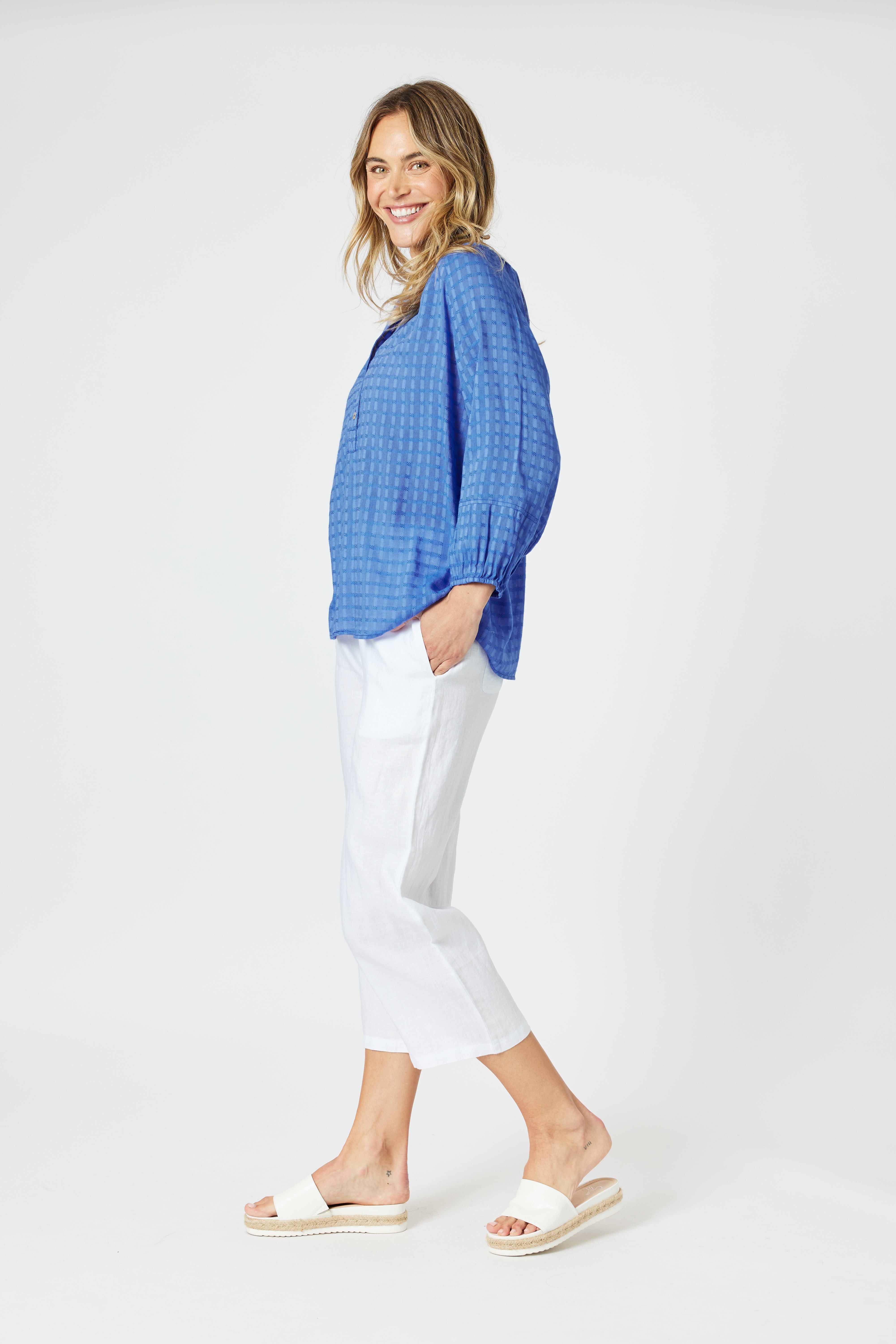 Collection of Gordon Smith Mykonos Check Shirt - Sardinia Blue in a gallery layout