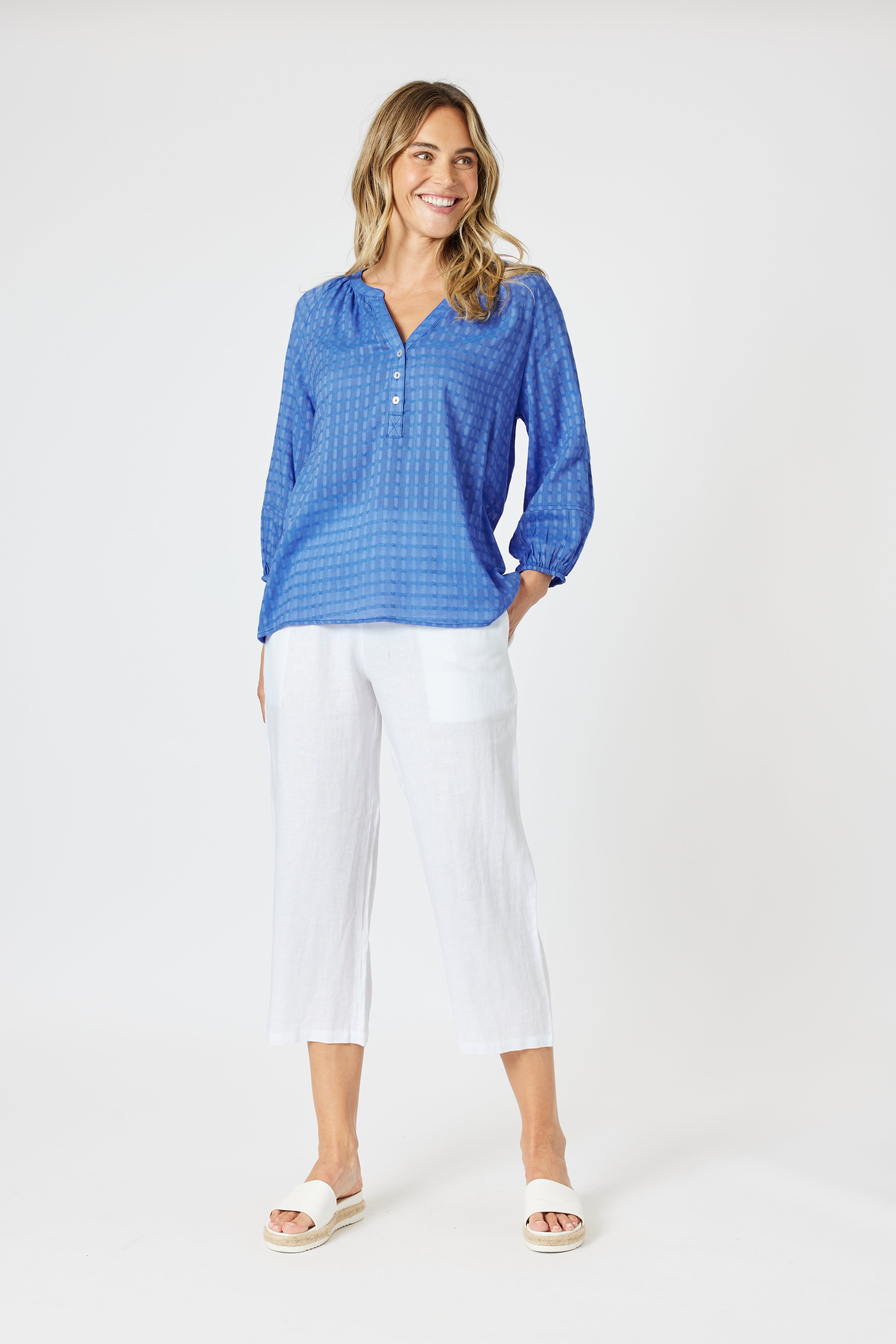 Collection of Gordon Smith Mykonos Check Shirt - Sardinia Blue in a gallery layout