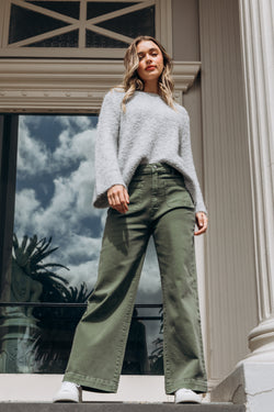 Collection of Foxwood Sarah Wide Leg Jean - Washed Green in a gallery layout