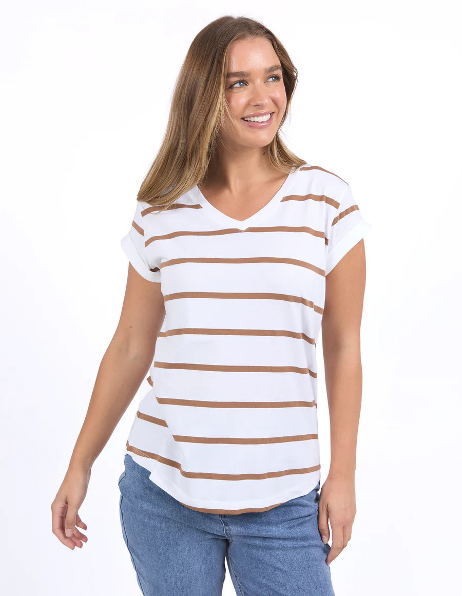 Foxwood Manly Stripe Vee Tee - White/Toasted Coconut
