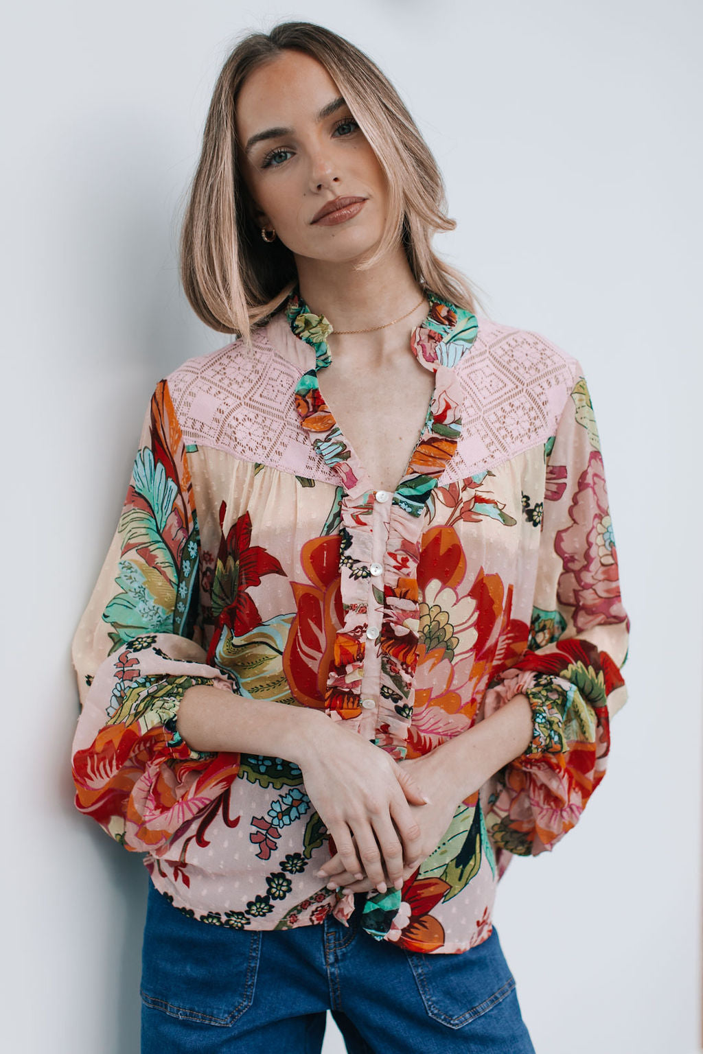 Joop and Gypsy St Tropez Balloon Sleeve Blouse - Multi Dobby