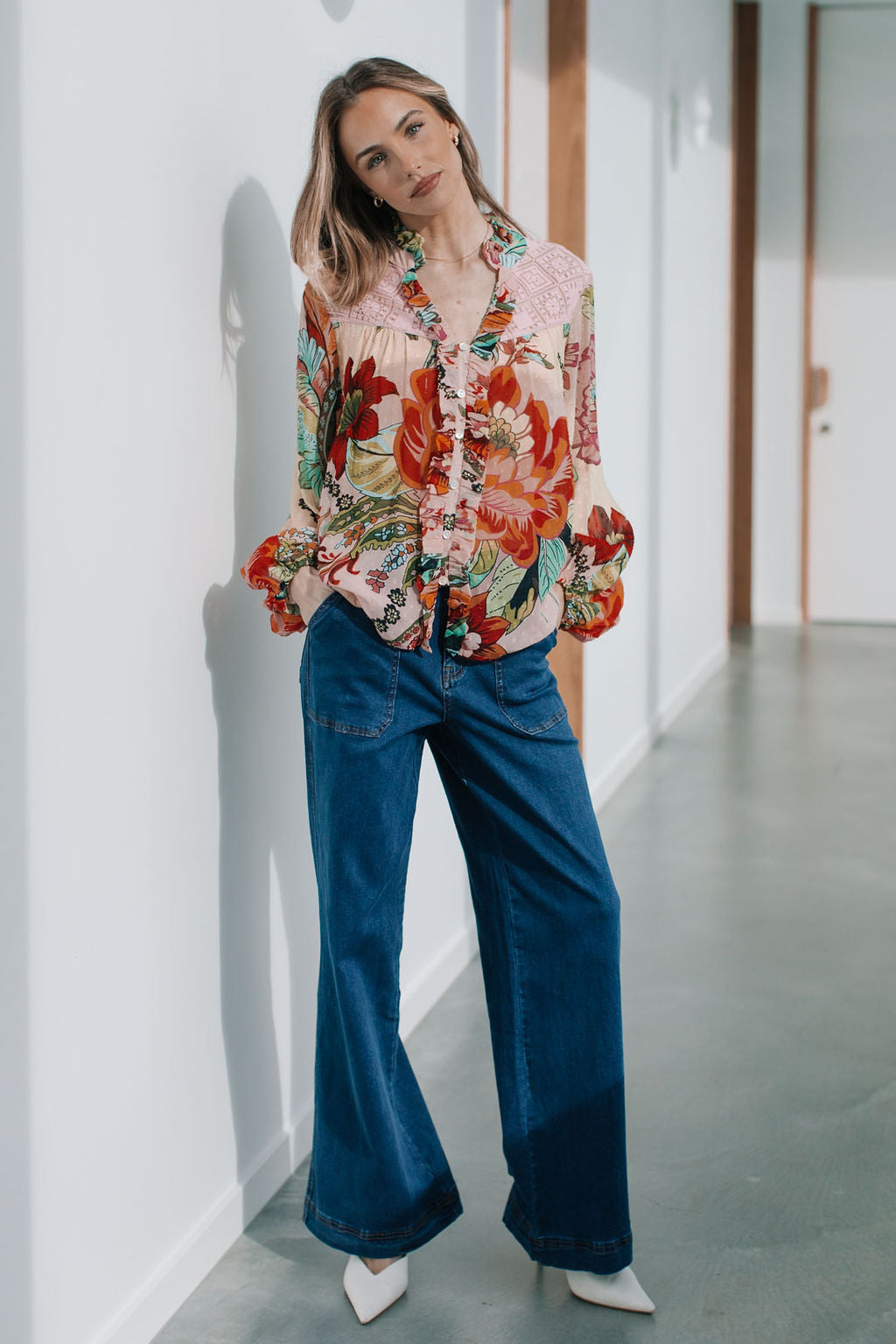 Collection of Joop and Gypsy St Tropez Balloon Sleeve Blouse - Multi Dobby in a gallery layout