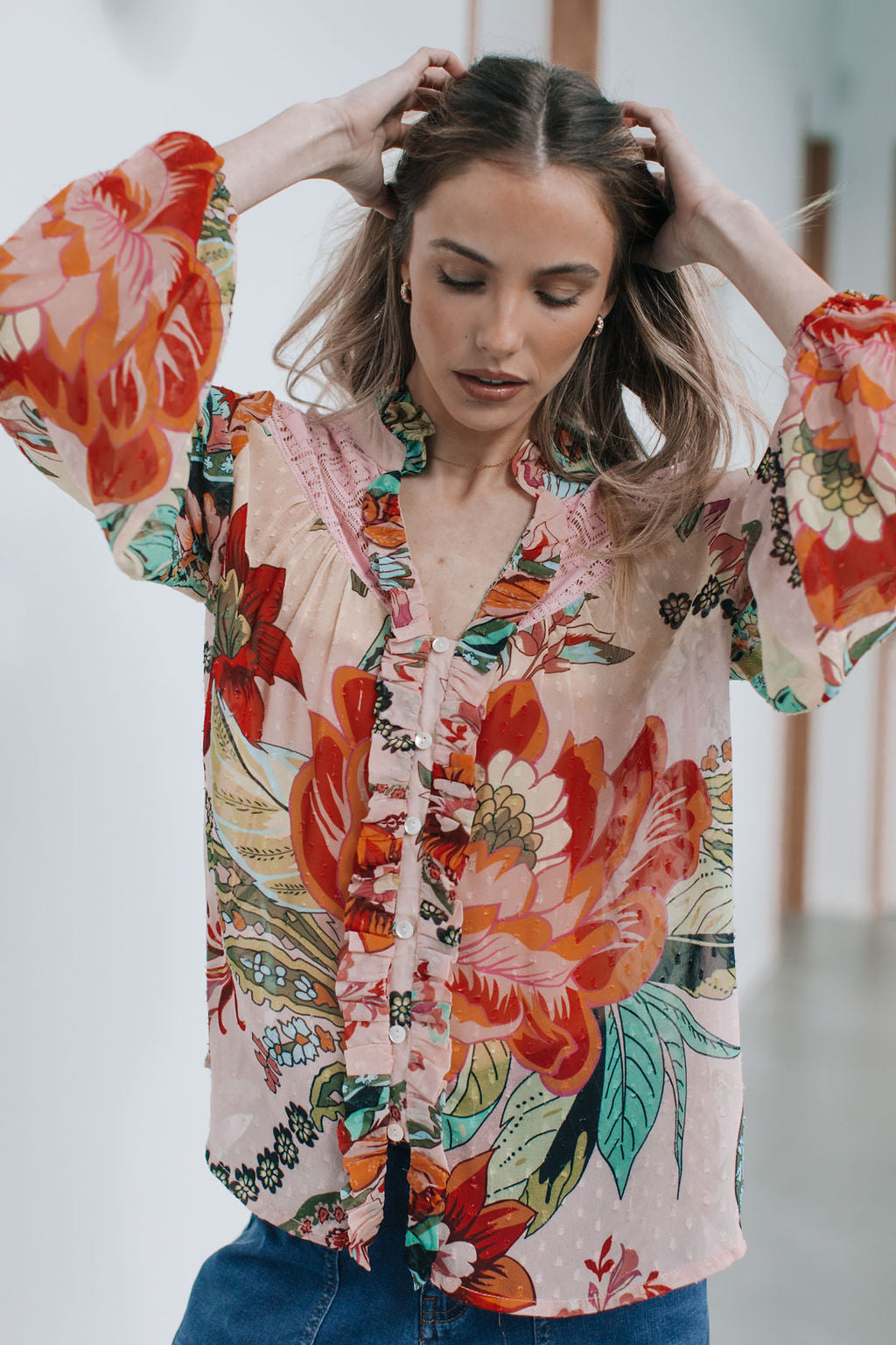 Collection of Joop and Gypsy St Tropez Balloon Sleeve Blouse - Multi Dobby in a gallery layout