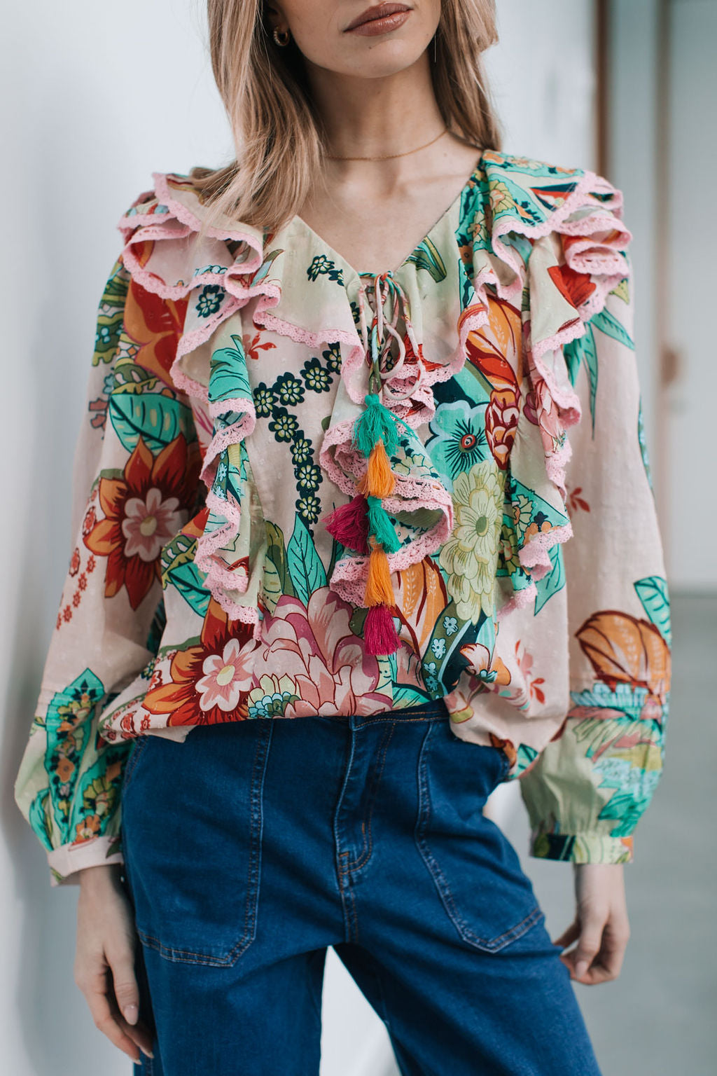 Collection of Joop and Gypsy St Tropez Ruffle Top - Multi Dobby in a gallery layout