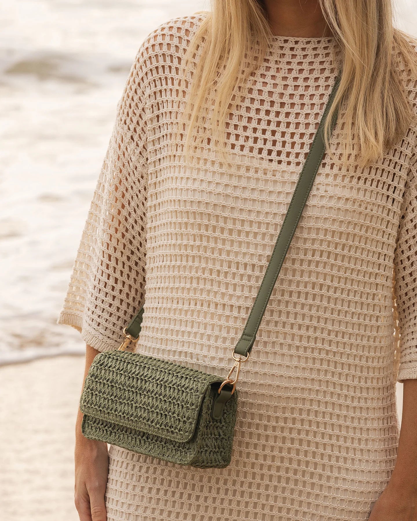 Collection of Louenhide Freya Raffia Crossbody Bag - Sage Green in a gallery layout