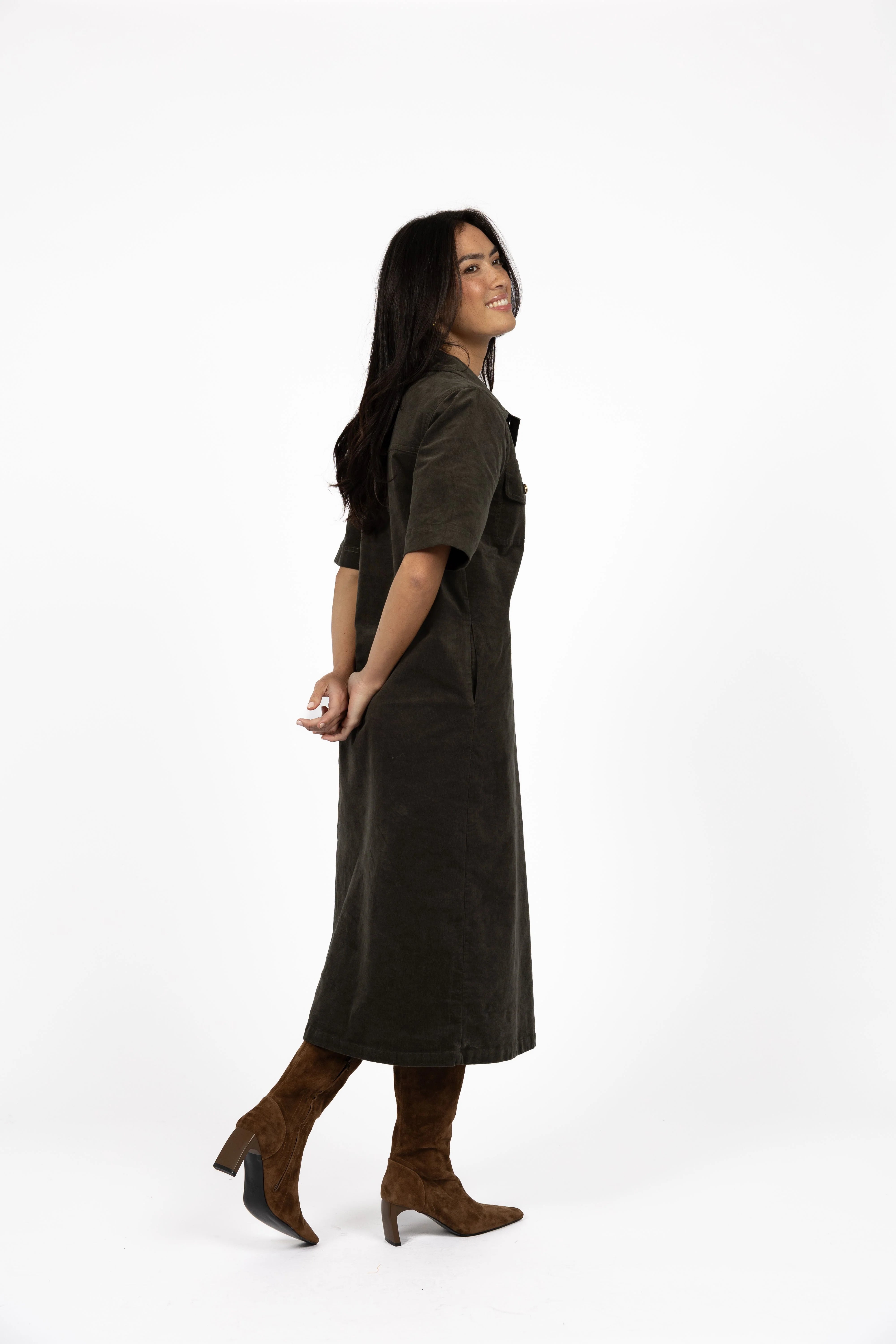 Image of Humidity Amici Cord Dress - Khaki