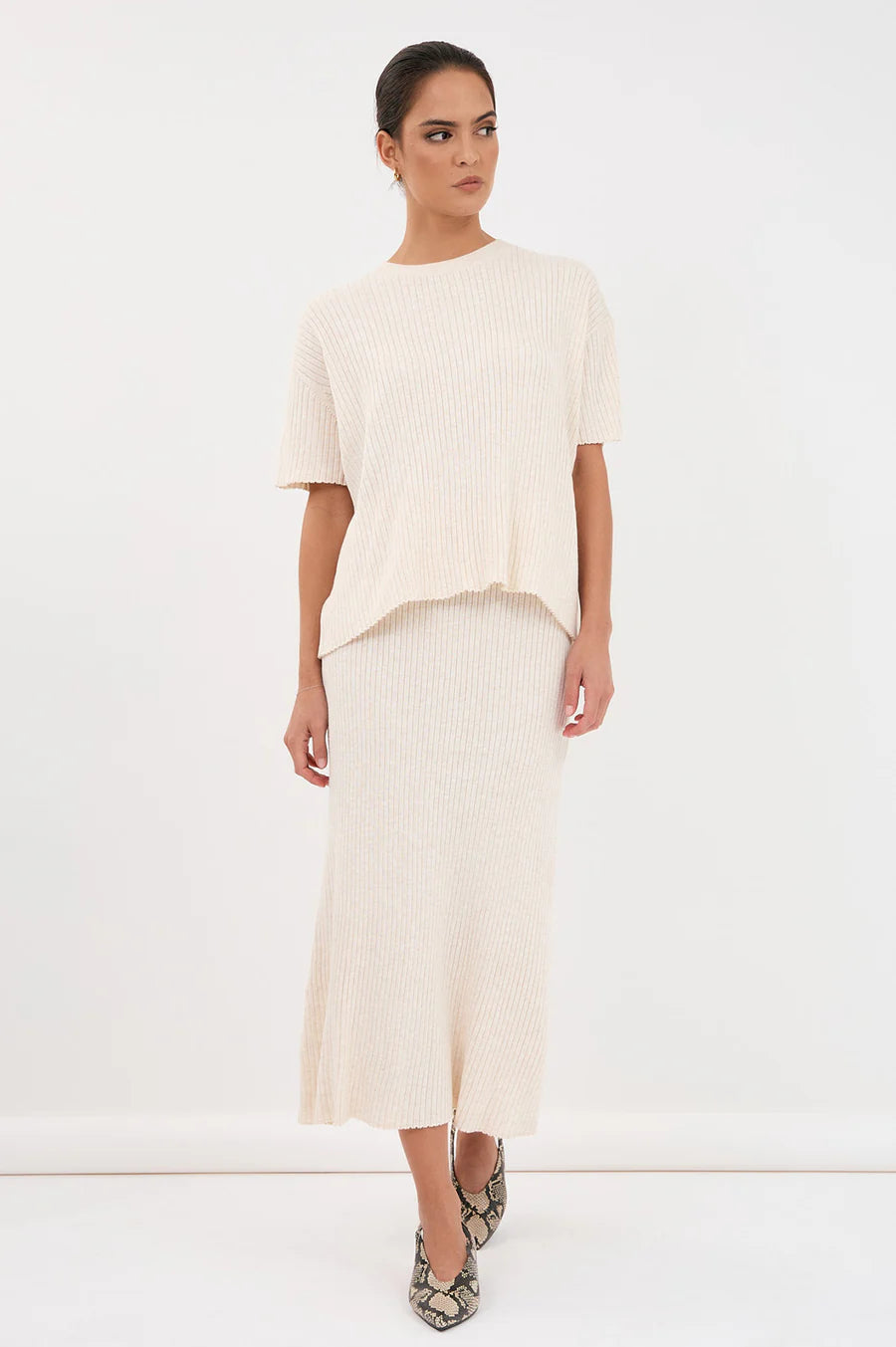 Collection of Adorne Shani Rib Knit Short Sleeve Top - Oat in a gallery layout