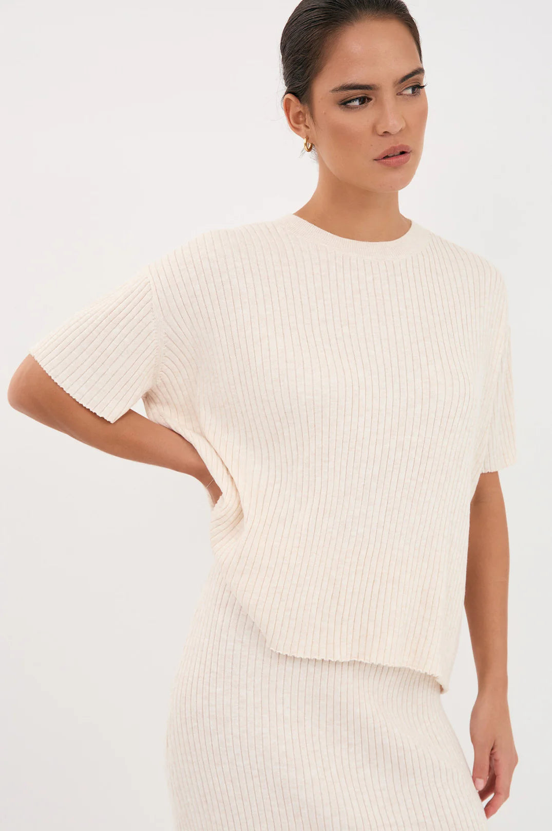 Adorne Shani Rib Knit Short Sleeve Top - Oat
