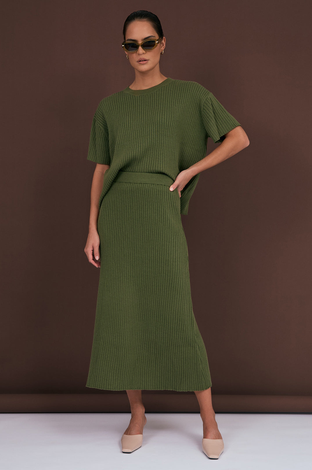 Collection of Adorne Taylor Rib Knit Midi Skirt - Khaki in a gallery layout