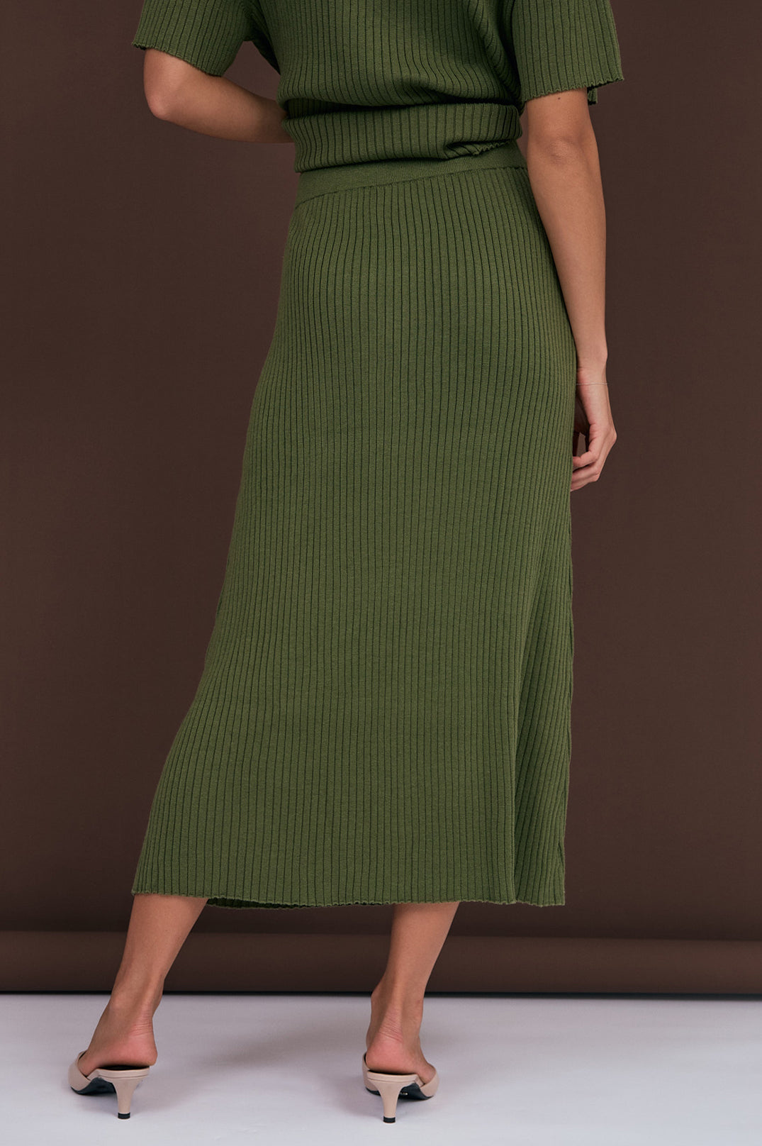 Collection of Adorne Taylor Rib Knit Midi Skirt - Khaki in a gallery layout