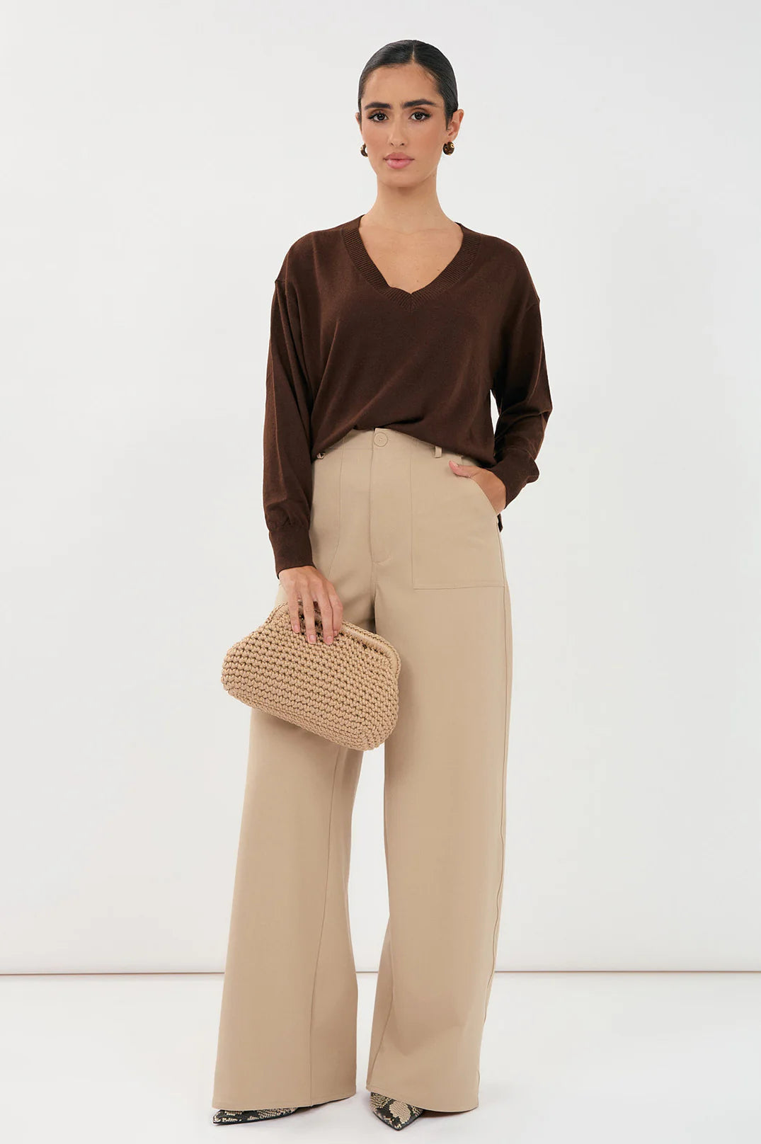 Collection of Adorne Laney Long Sleeve V Neck Light Weight Knit Top - Chocolate in a gallery layout