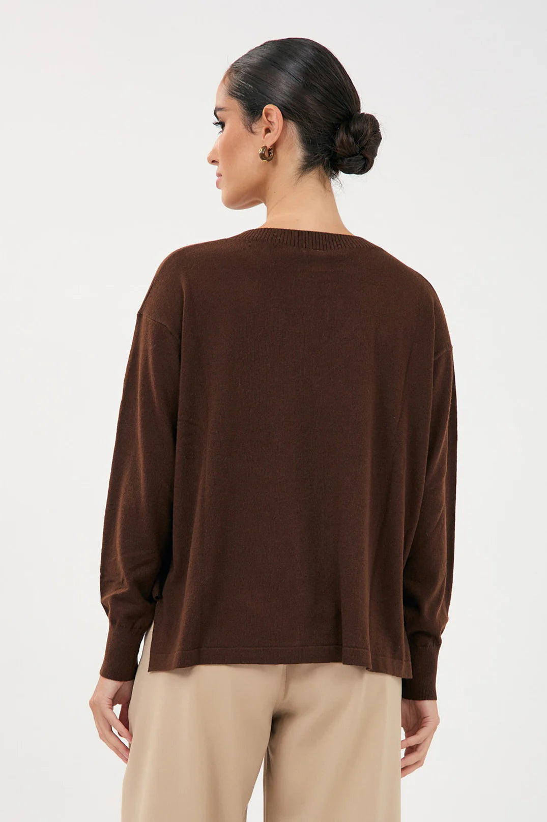 Collection of Adorne Laney Long Sleeve V Neck Light Weight Knit Top - Chocolate in a gallery layout