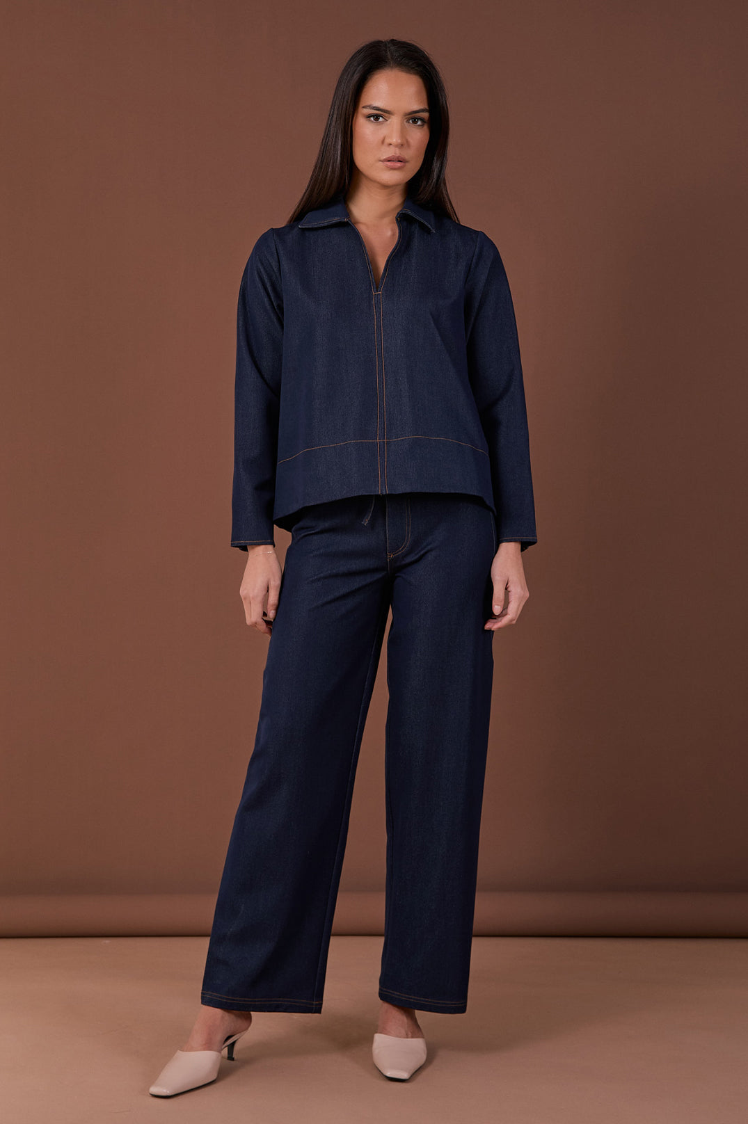 Collection of Adorne Solace Drape Denim Top - Denim in a gallery layout