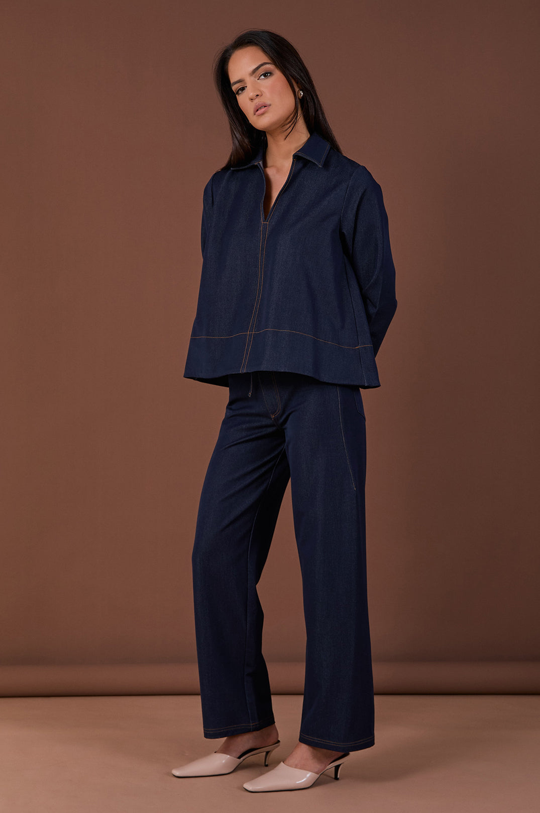 Collection of Adorne Chandler Drape Denim Pant - Denim in a gallery layout