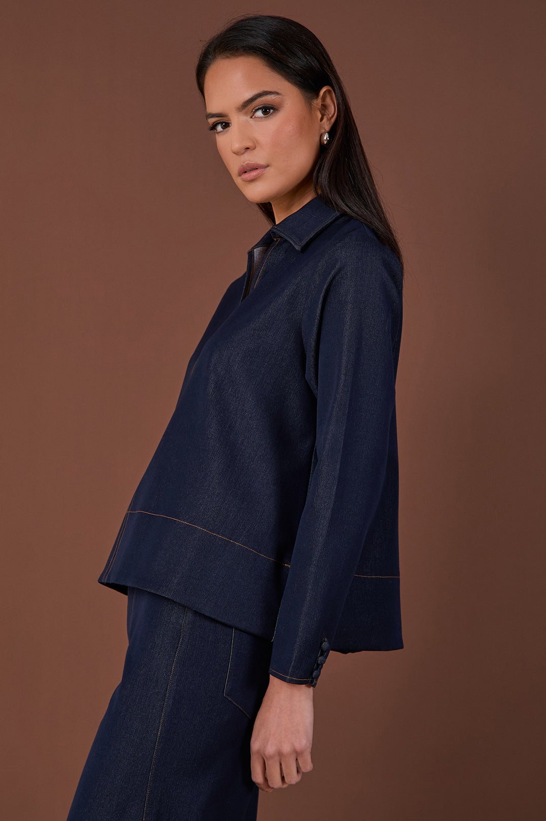 Collection of Adorne Solace Drape Denim Top - Denim in a gallery layout