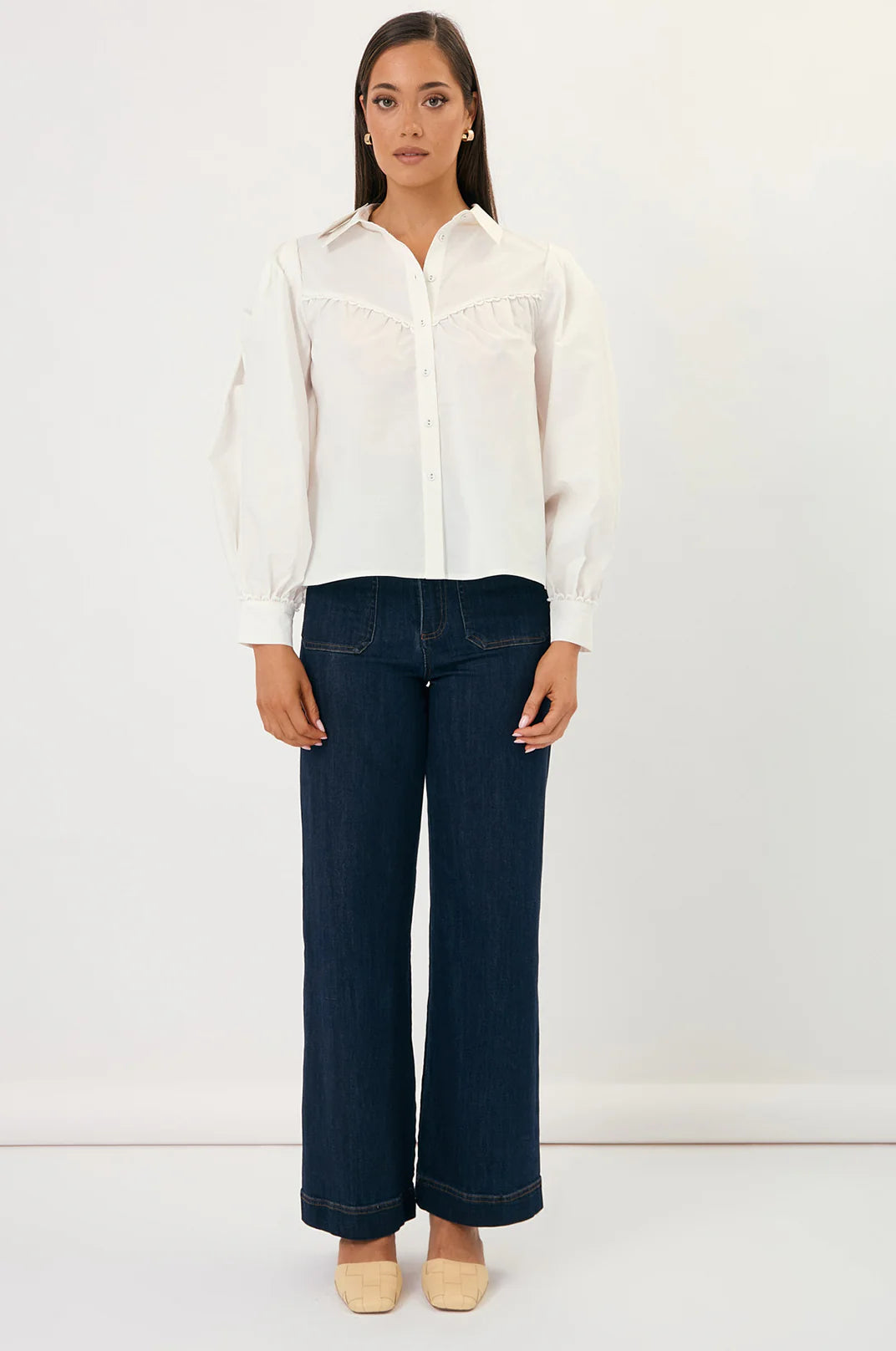 Collection of Adorne Tamara Lace Trimmed Shirt - White in a gallery layout