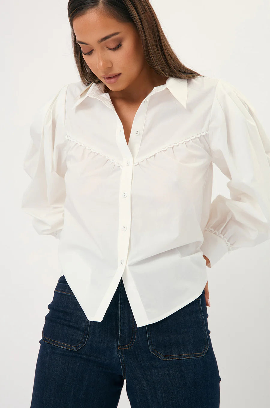 Adorne Tamara Lace Trimmed Shirt - White