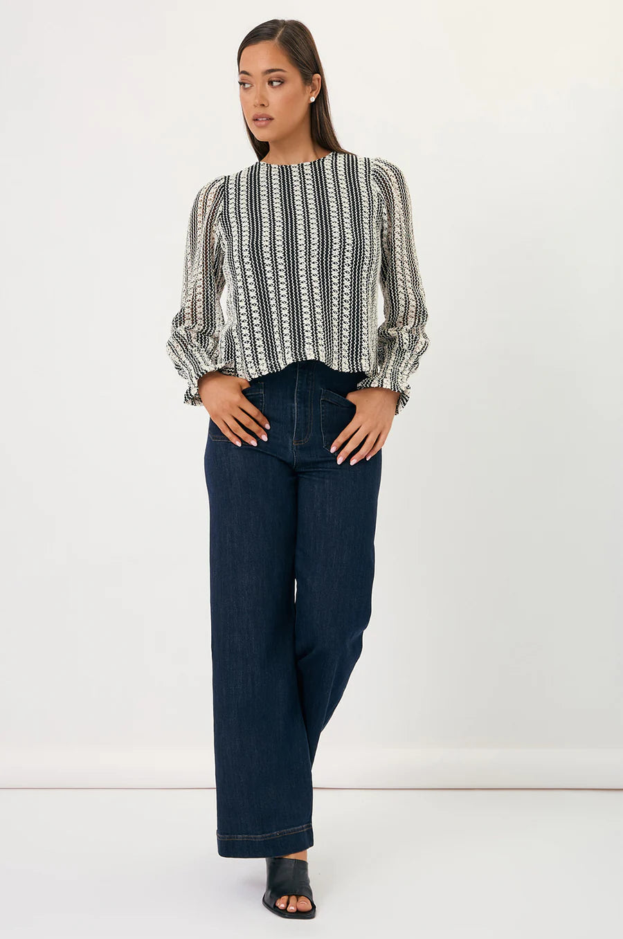 Adorne Olivia Crochet Long Sleeve Top - Monochrome