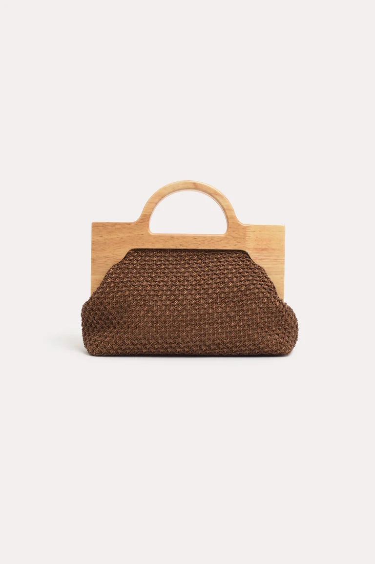 Image of Adorne brown woven handbag with wooden handle on a white background