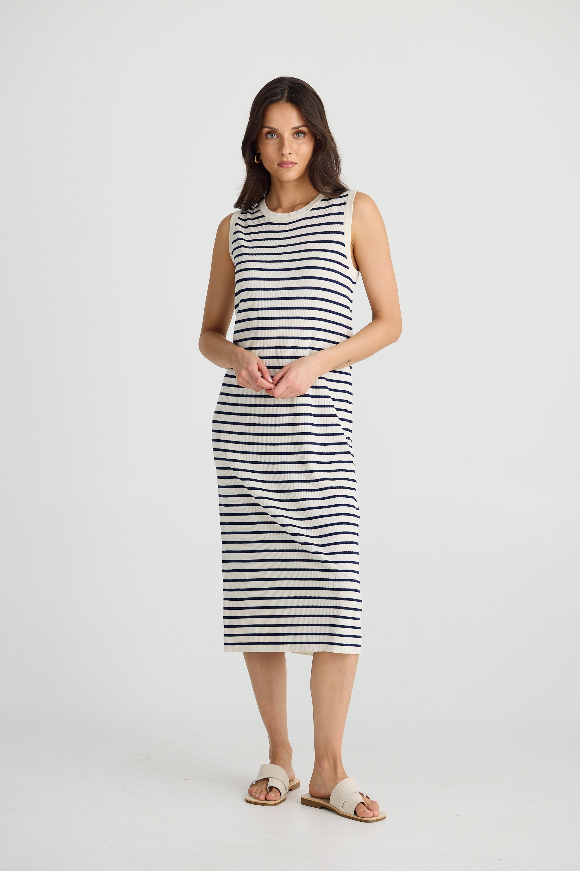 Collection of Brave and True Squad Dress - Ecru w/ Navy Stripe in a gallery layout