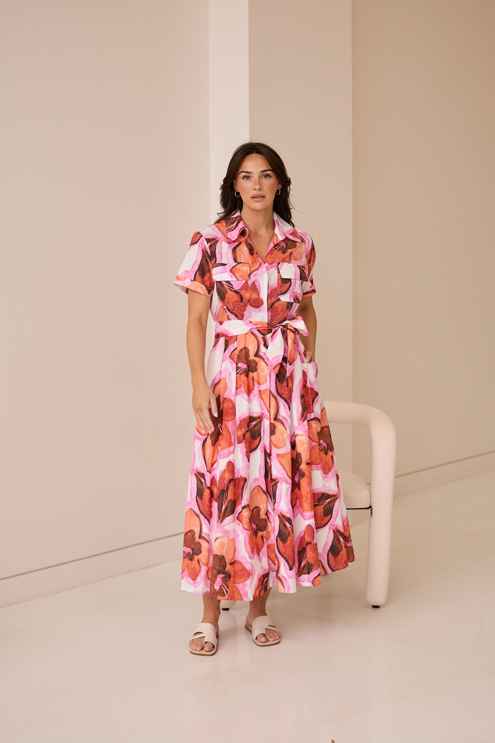 Collection of BT24452-1_Rossellini Short Sleeve Dress_Azalea _Campaign_5 in a gallery layout