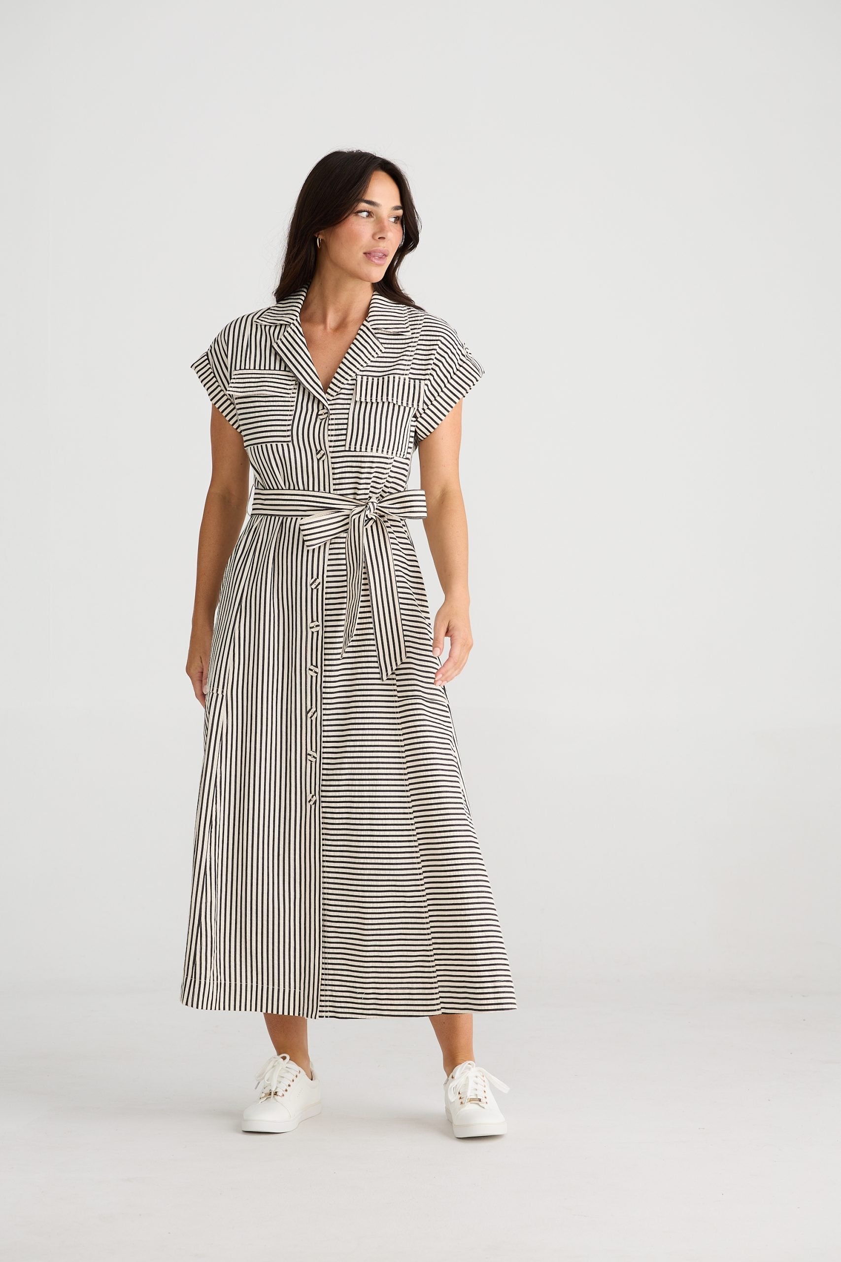 Collection of BT24472-1_Portia Dress_White W Black Stripe_2 in a gallery layout