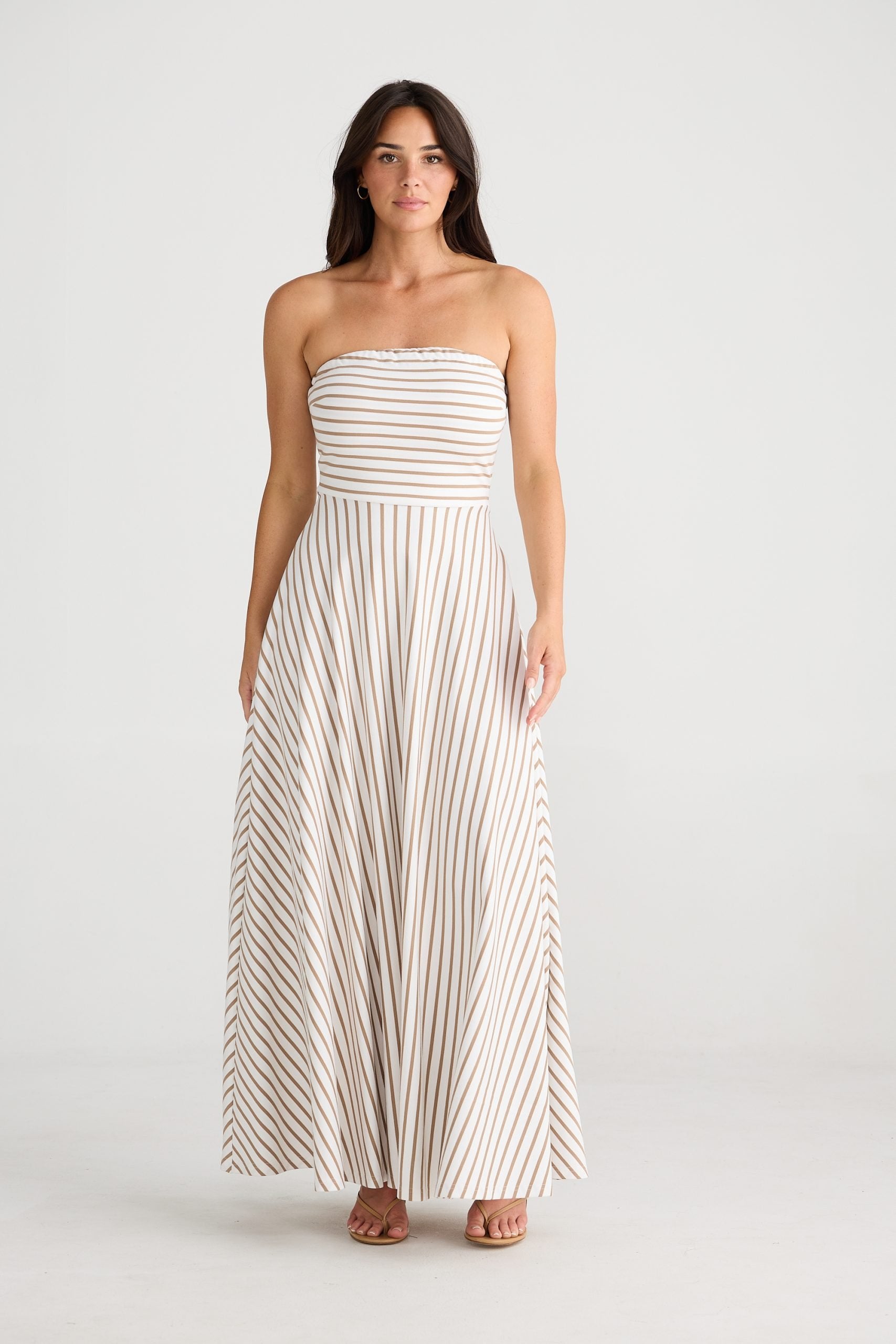 Collection of BT24532-1_Thandie Strapless Dress_Latte Stripe_1 in a gallery layout