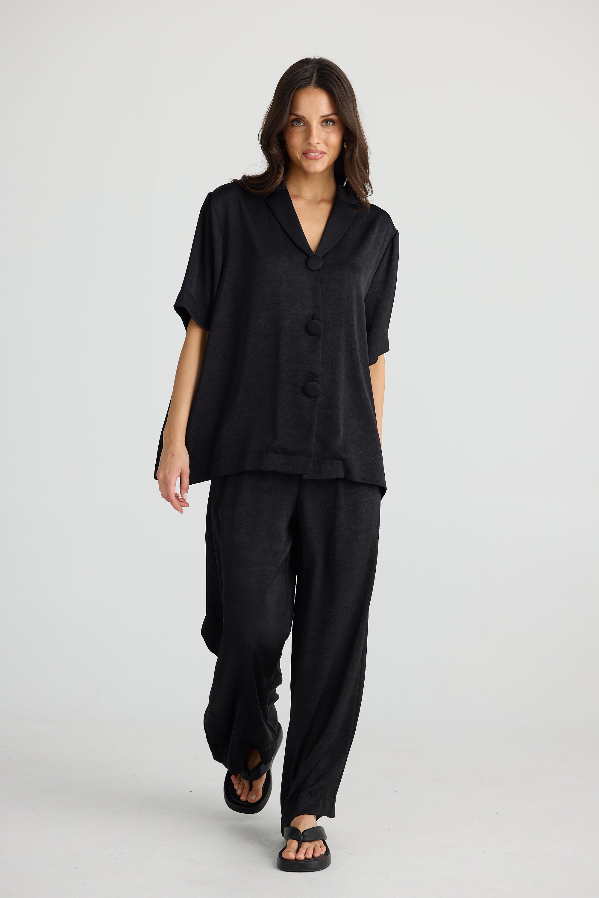 Collection of Brave and True Dana Shirt - Black Crinkle Satin in a gallery layout