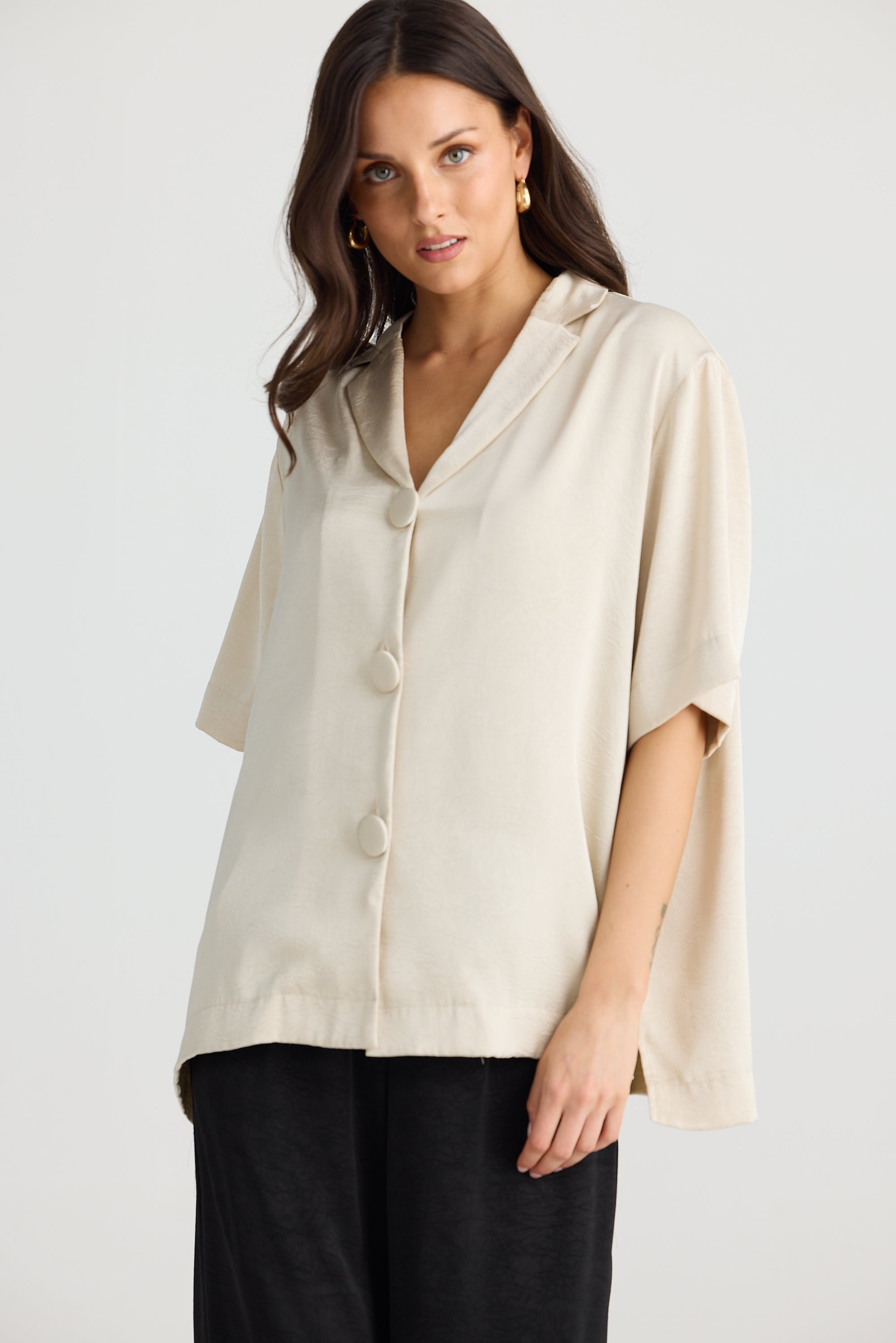 Collection of Brave and True Dana Shirt - Oyster Crinkle Satin in a gallery layout