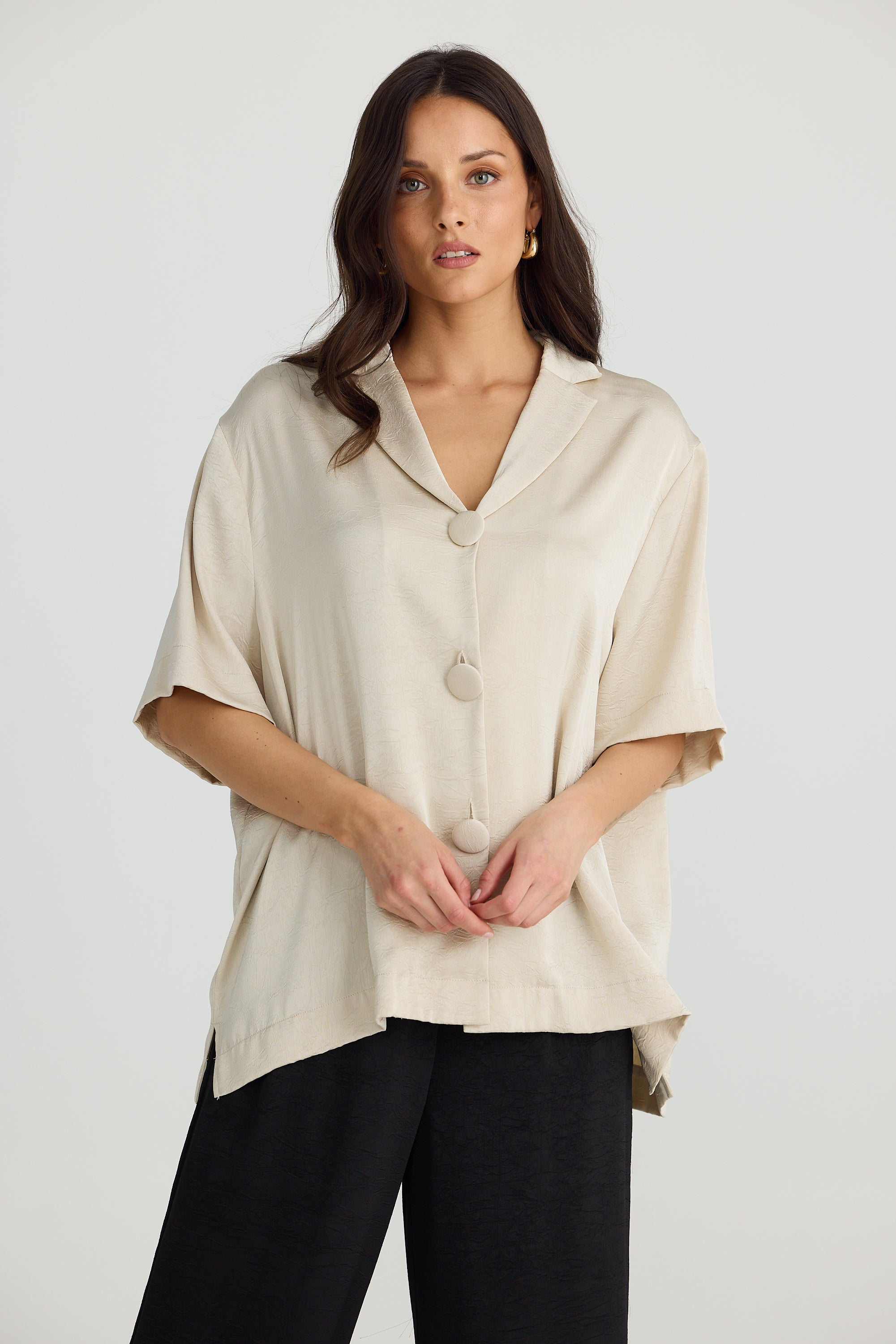 Collection of Brave and True Dana Shirt - Oyster Crinkle Satin in a gallery layout