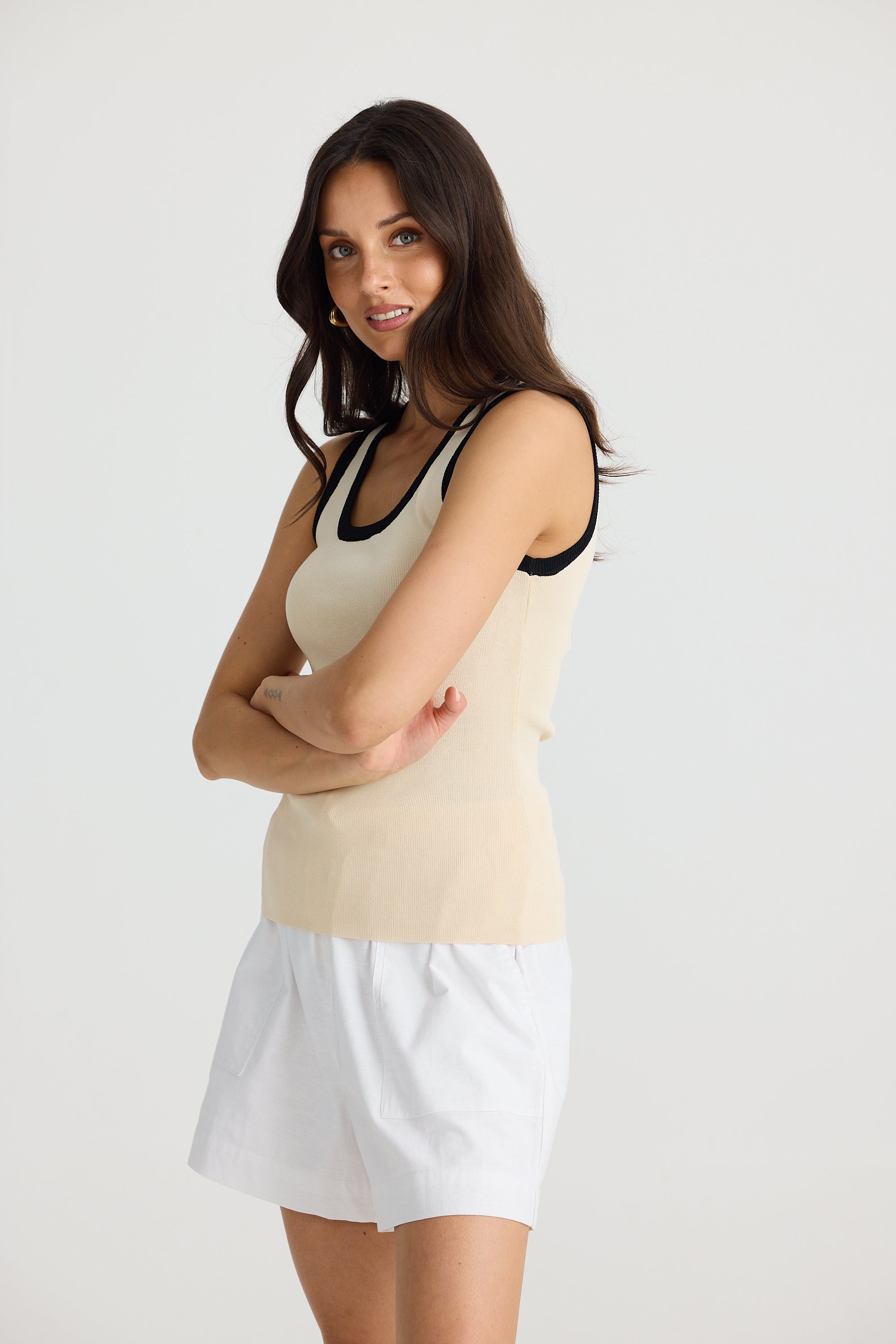 Collection of Brave and True Ollie Contrast Top - Sand w/ Black in a gallery layout