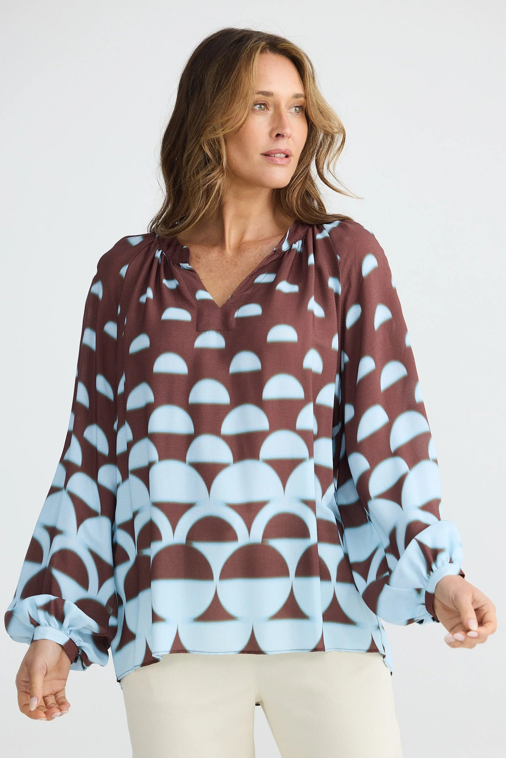 Collection of Brave and True Diego Top - Blue/Brown Geo in a gallery layout