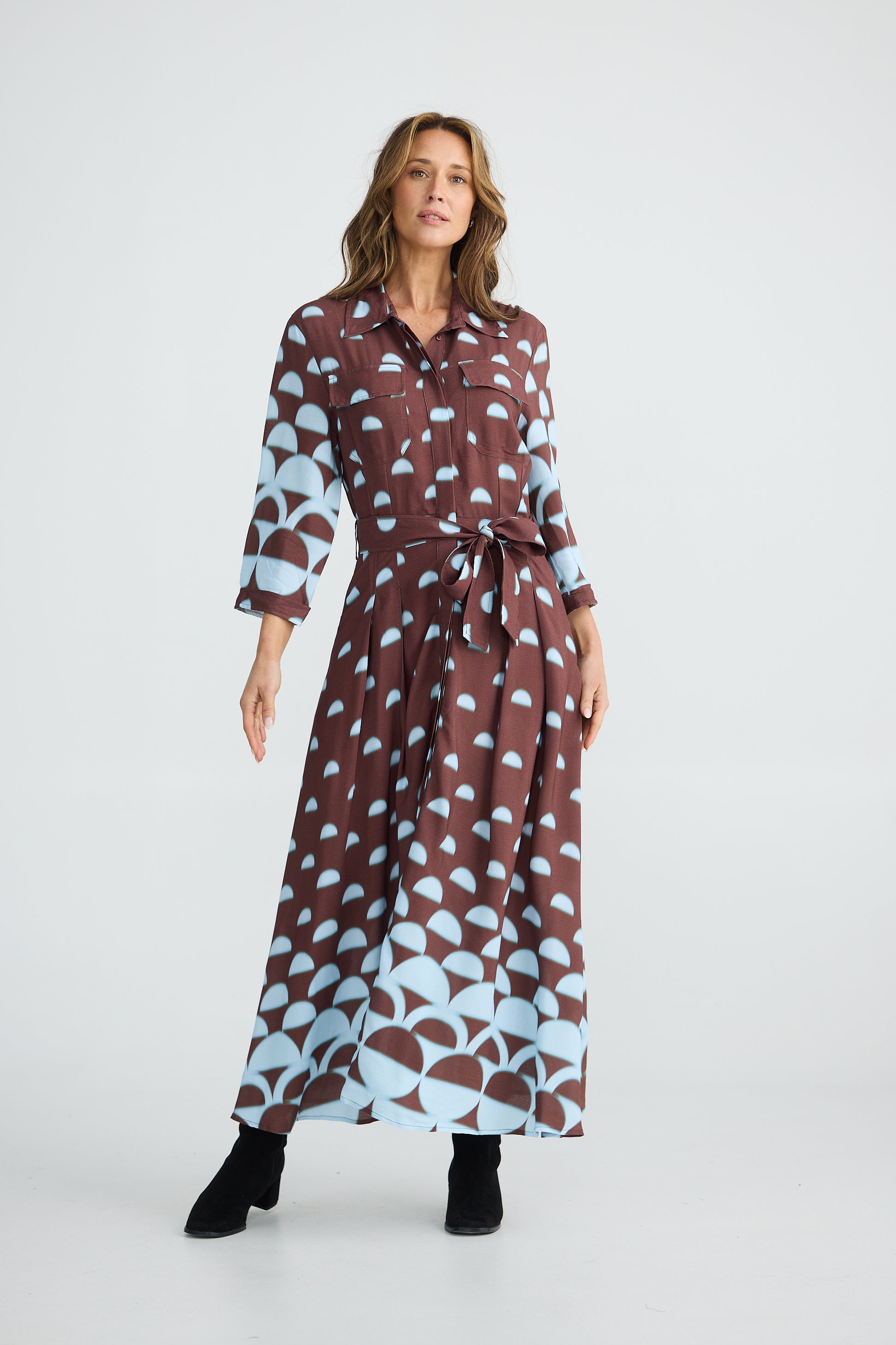 Brave and True Rossellini 3/4 Sleeve Dress - Blue Brown Geo Cosmosis Lifestyle Brave and True Rossellini 3/4 Sleeve Dress - Blue Brown Geo Cosmosis Lifestyle
