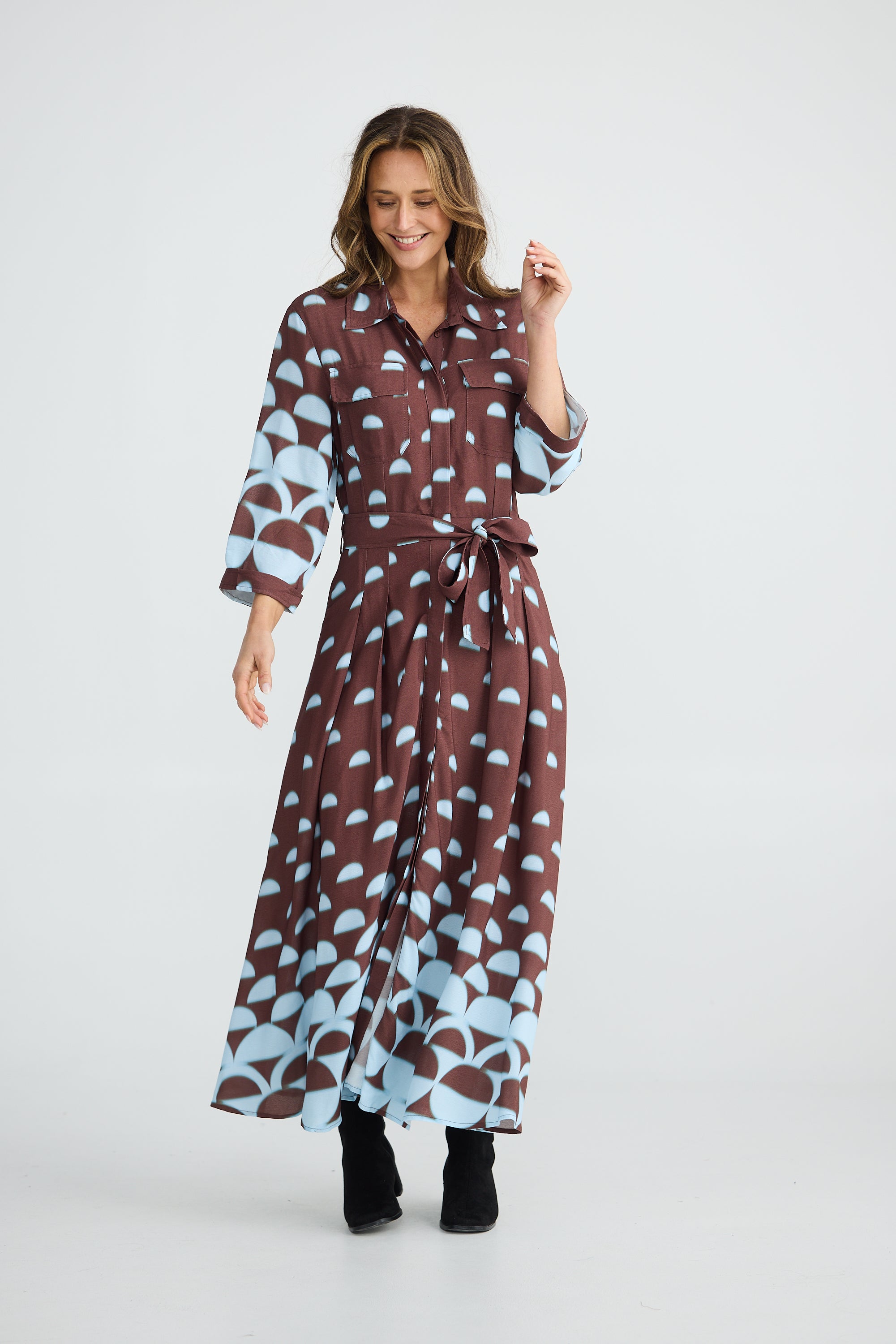 Collection of Brave and True Rossellini 3/4 Sleeve Dress - Blue Brown Geo in a gallery layout