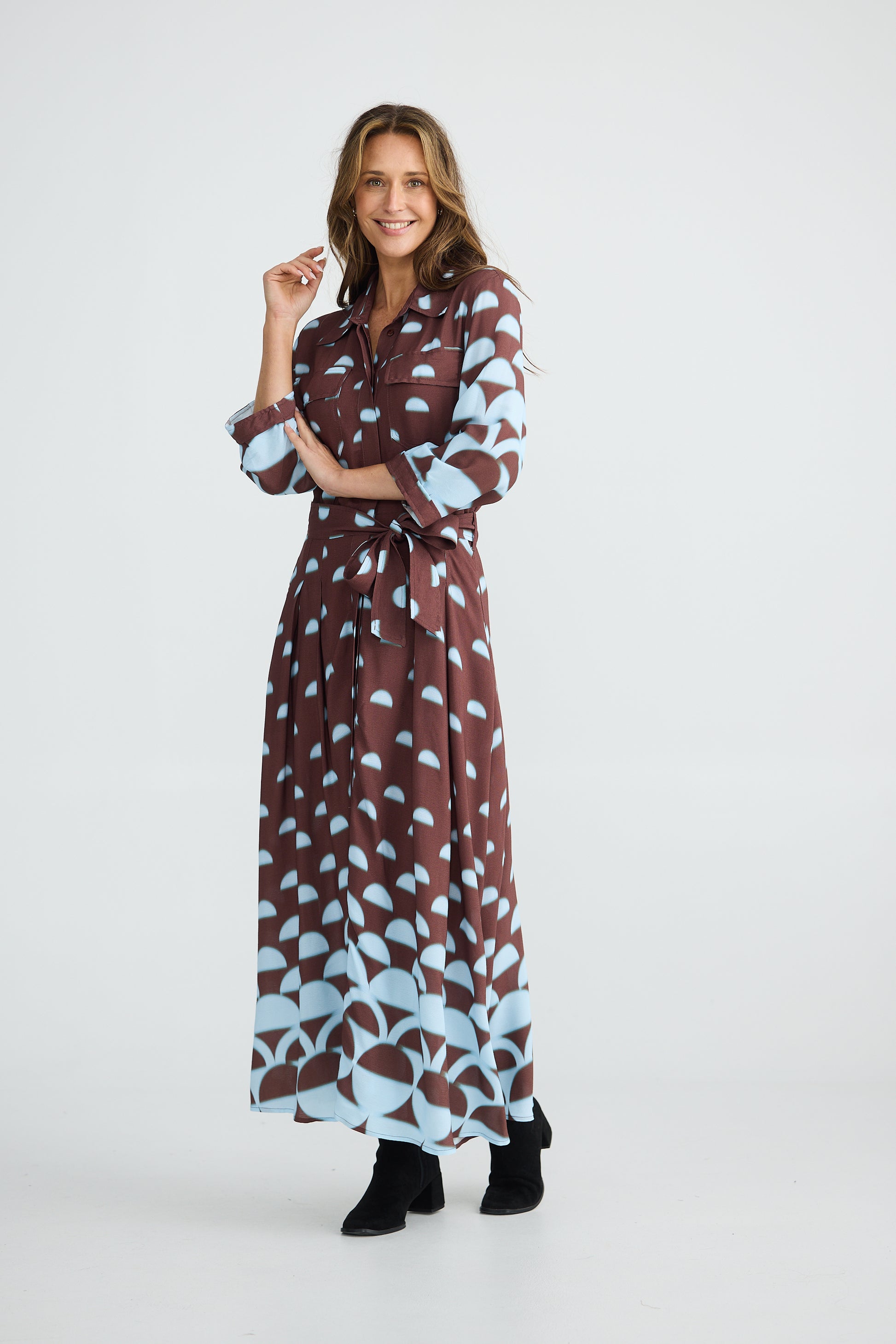 blue and brown long sleeve dress Petal and Pup Women's Eliana Long Sleeve Midi Dress