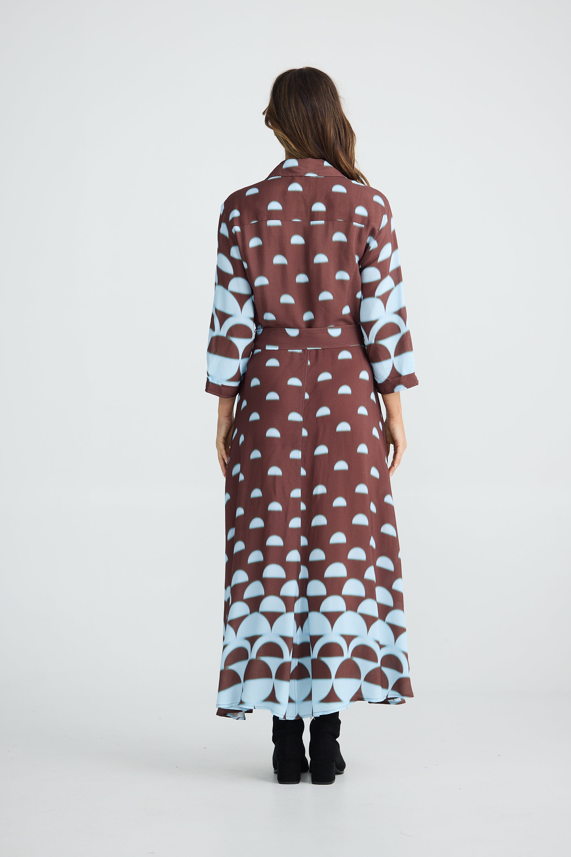 Collection of Brave and True Rossellini 3/4 Sleeve Dress - Blue Brown Geo in a gallery layout